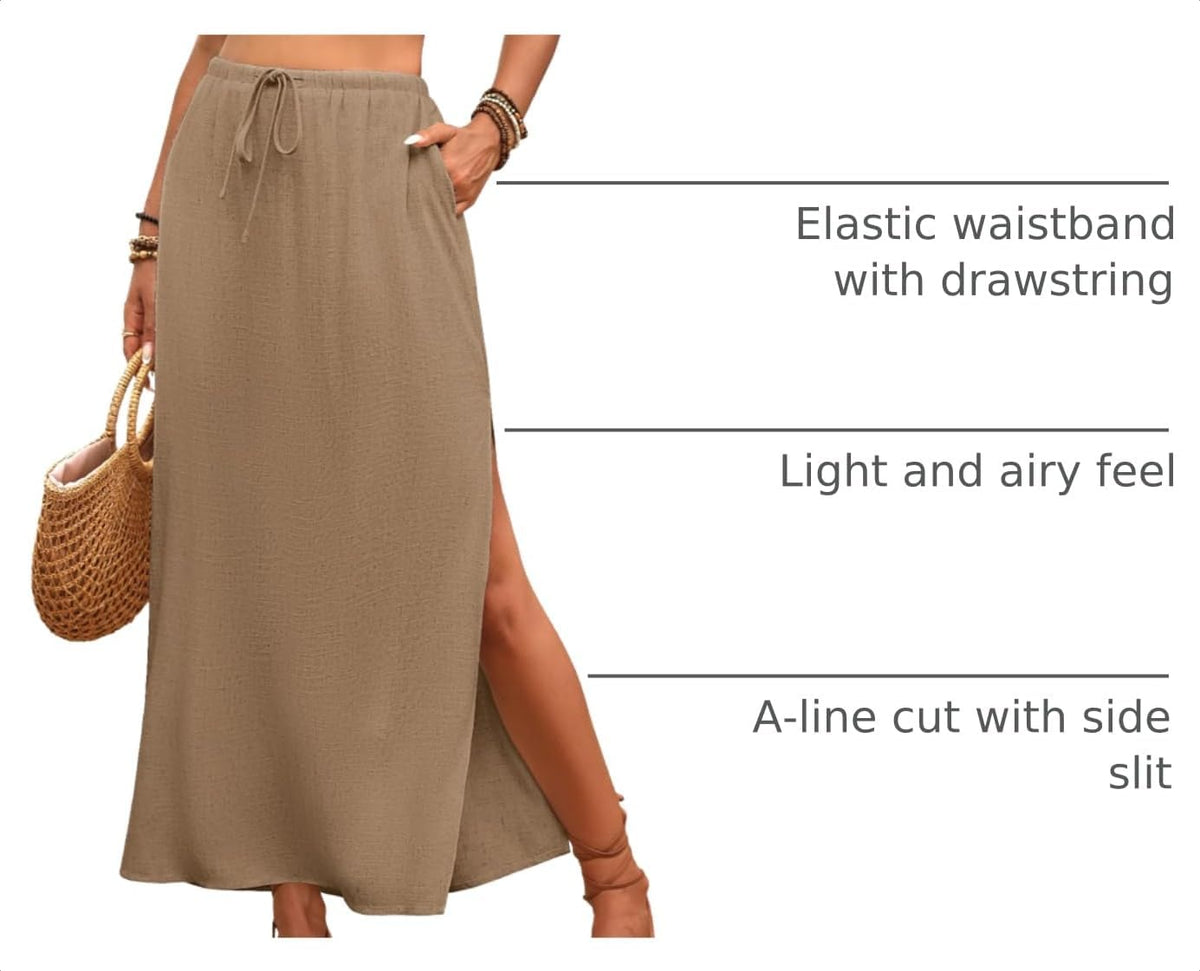 ELLEVEN Linen Straight Maxi Skirt with Side Slit-Long Flowy Skirt & Pocket