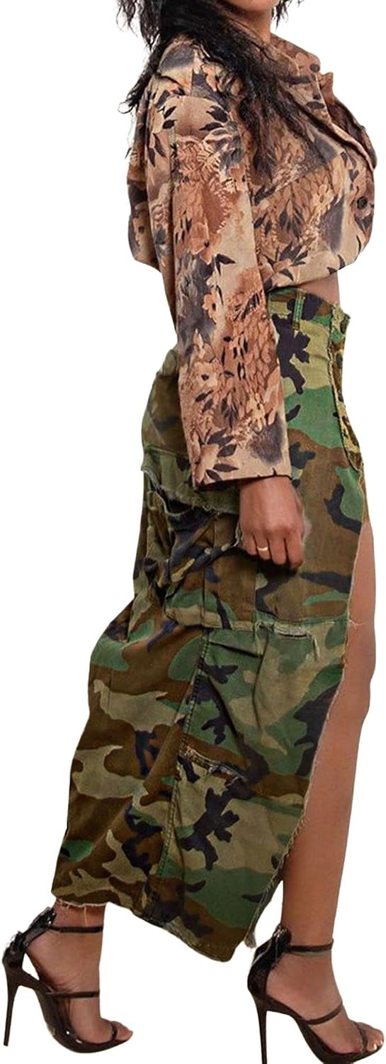 CHARTOU Women Camouflage Skirt Camo Maxi Pencil Skirt Bodycon Button Slit Cargo Skirt with Pocket