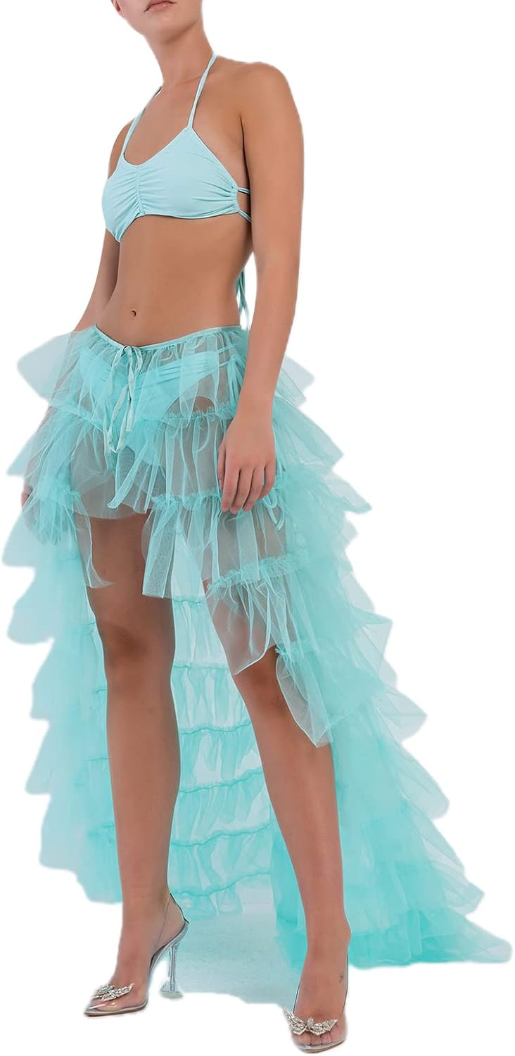 Women Y2k High Low Tulle Skirt Self-Tied Mesh Ruffle Layered See-Through Floor-Length Cocktail Prom Party Skirt
