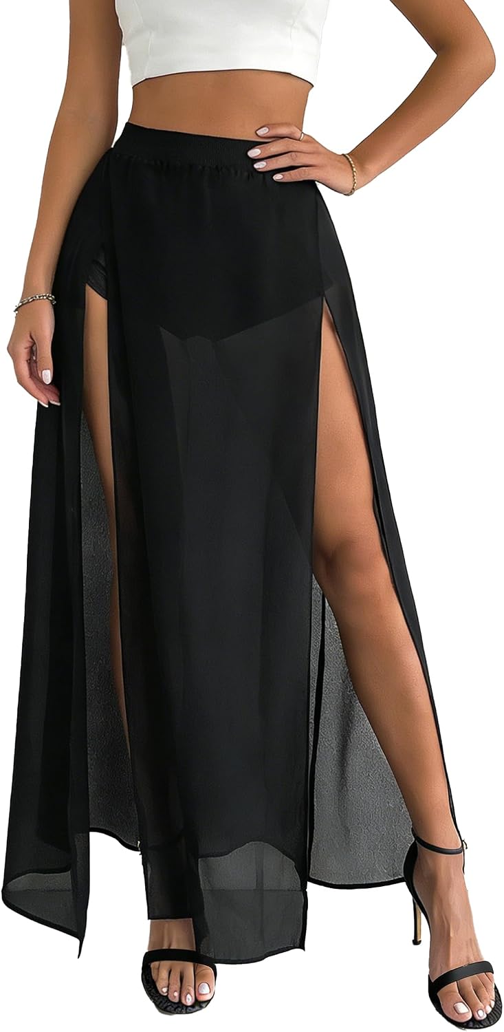 Avanova Women Double High Slit Mesh Sheer Maxi Skirt with Shorts