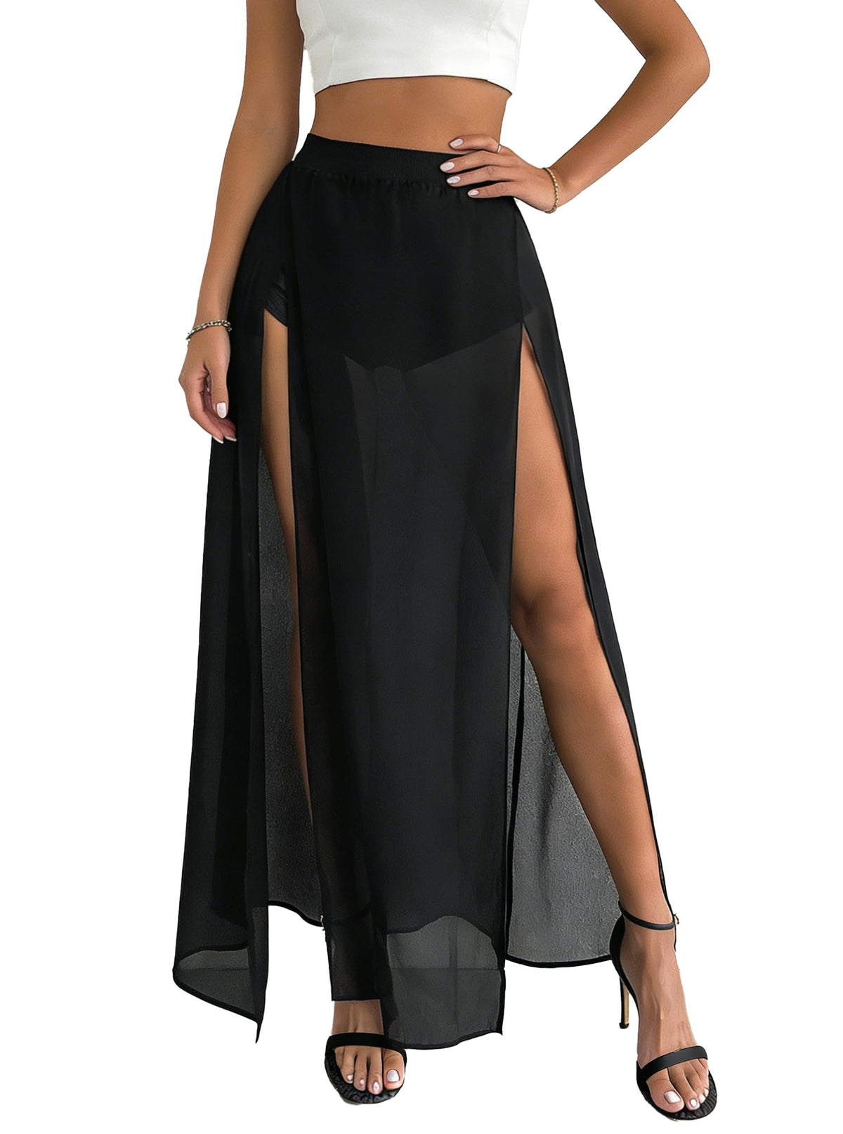 Avanova Women Double High Slit Mesh Sheer Maxi Skirt with Shorts