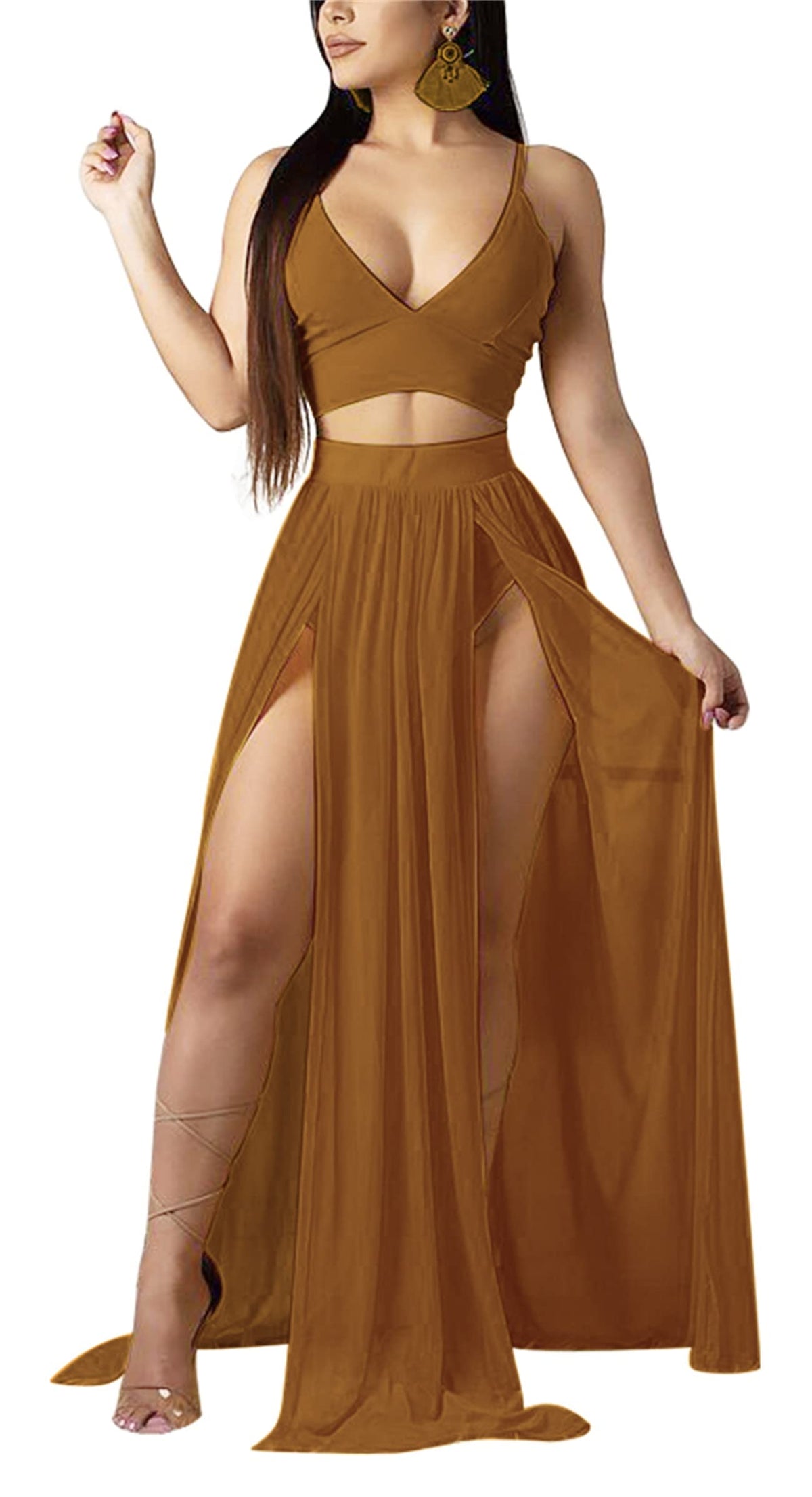 Women Sexy 2 Piece Outfits Dress Chiffon Strap Deep V Neck Bra Crop Top High Split Maxi Dresses Skirt Set