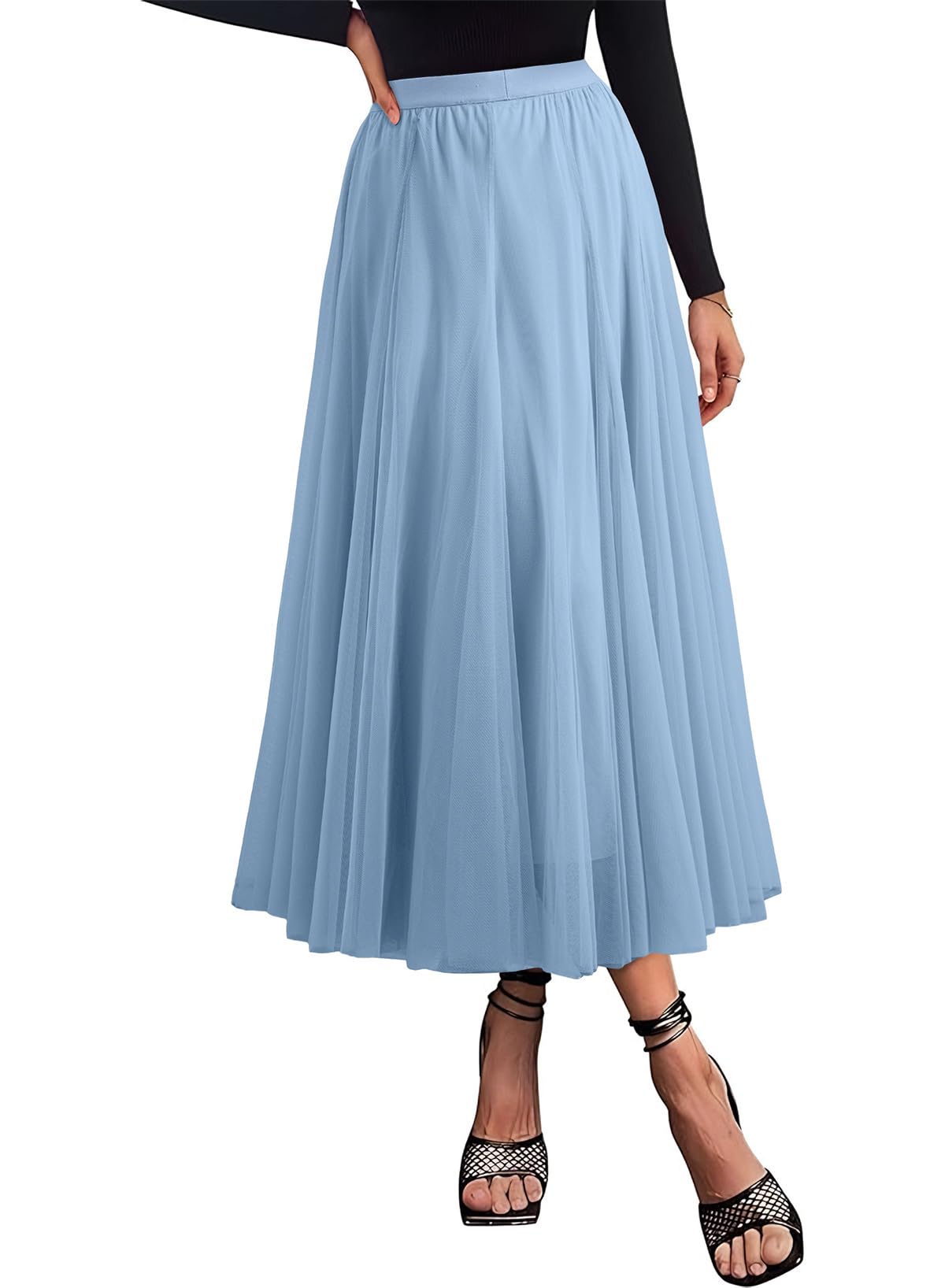 Happy Sailed Womens Tulle Skirt Elastic High Waisted A-Line Layered Flowy Long Skirts Date Night Outfit