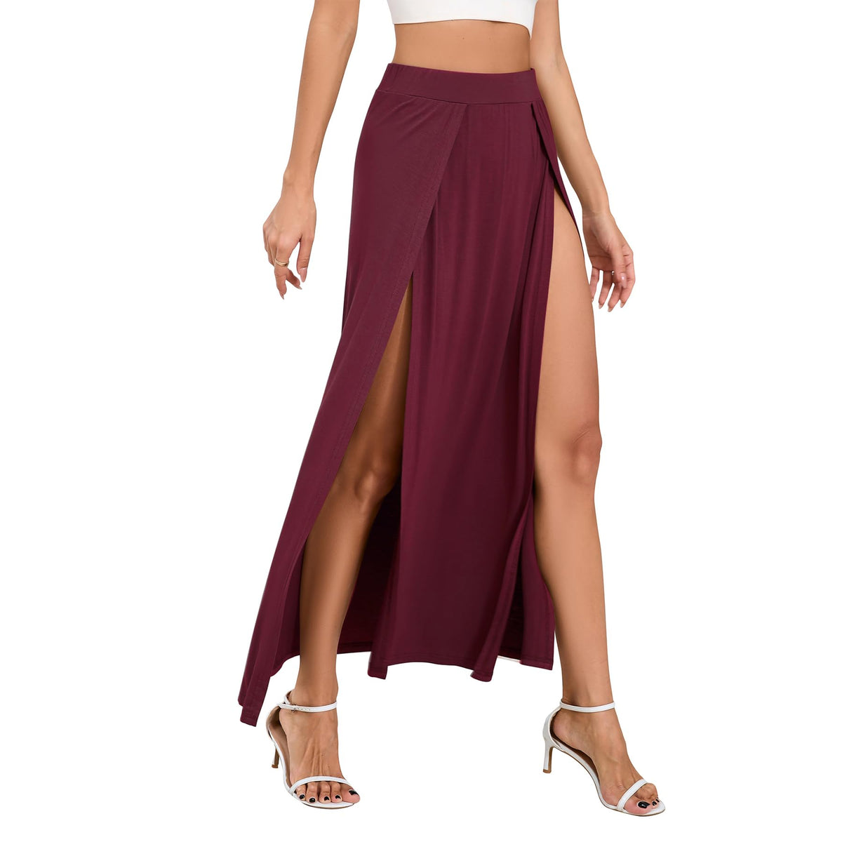 Zando Women's Sexy Double High Slit Maxi Skirt with High Elastic Waist