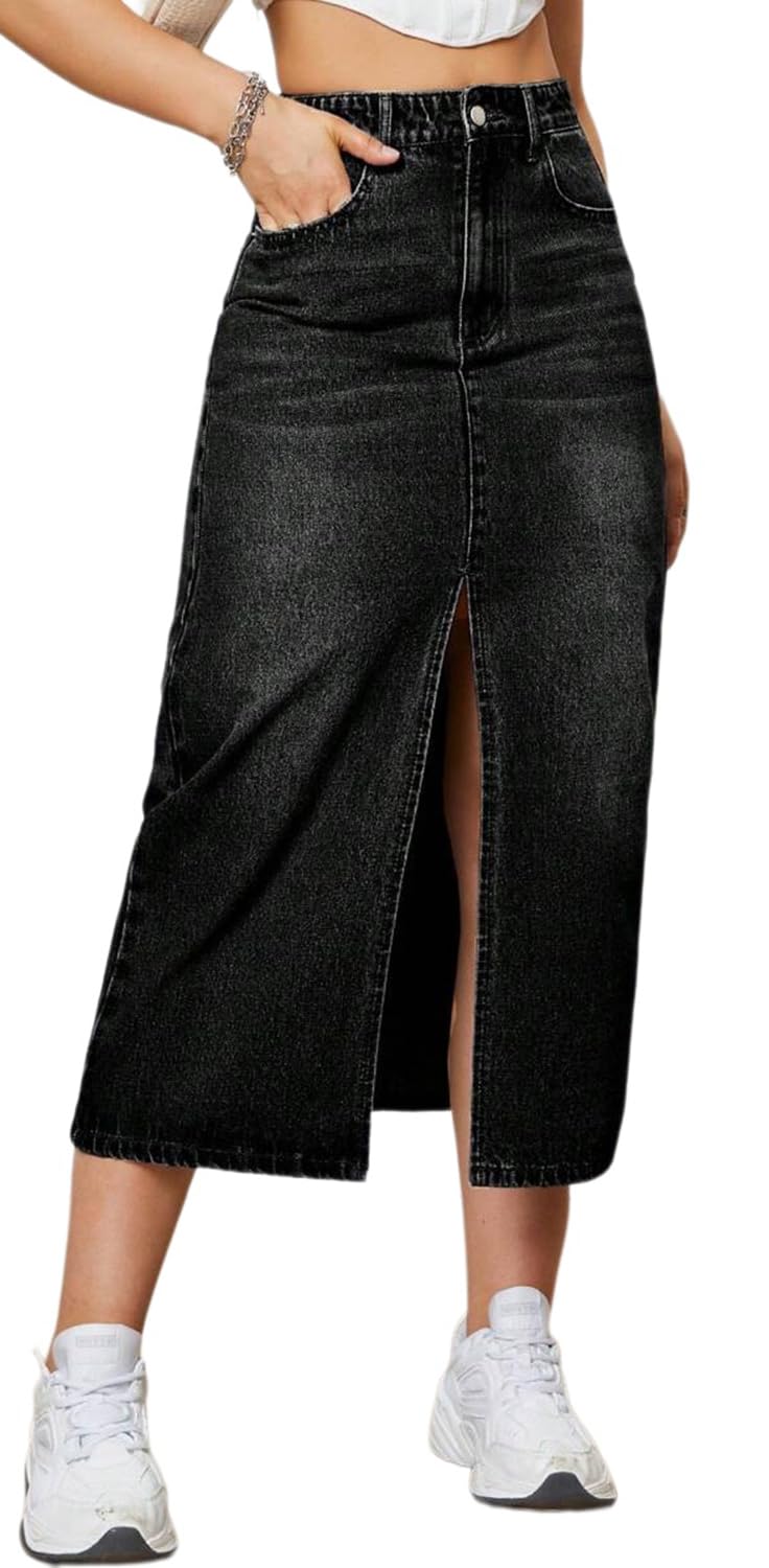 CaniBtr Women's Casual Slit Denim Midi Jean Skirt Stretch with Pockets