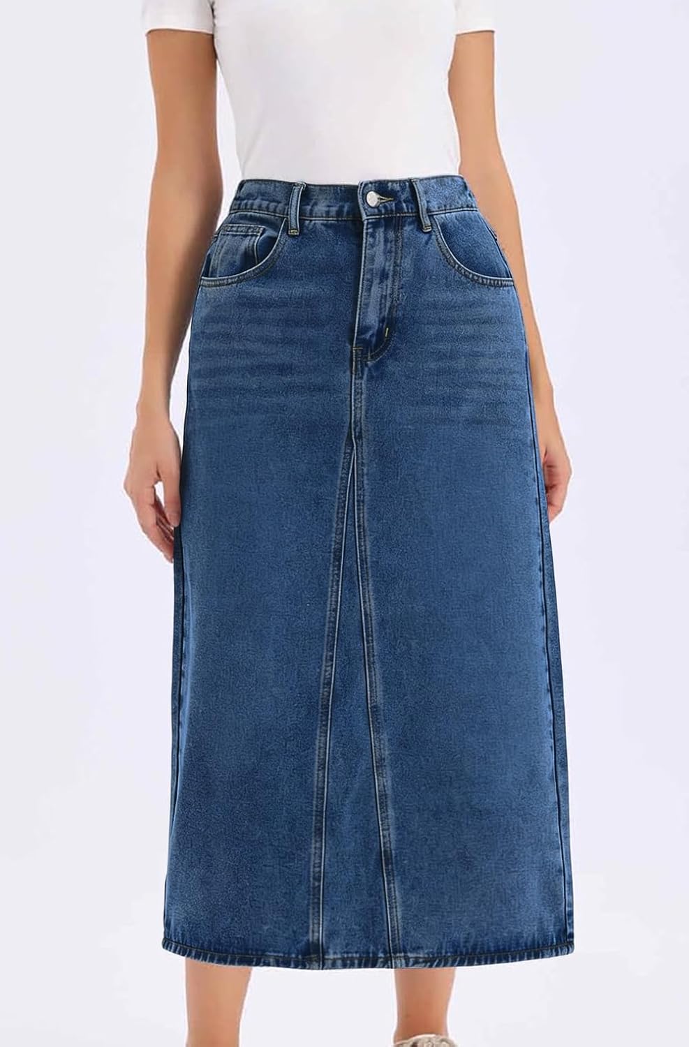 ebossy Women's Vintage Denim Skirt High Waist A Line Back Slit Mid Long Wash Jean Skirt with Pockets