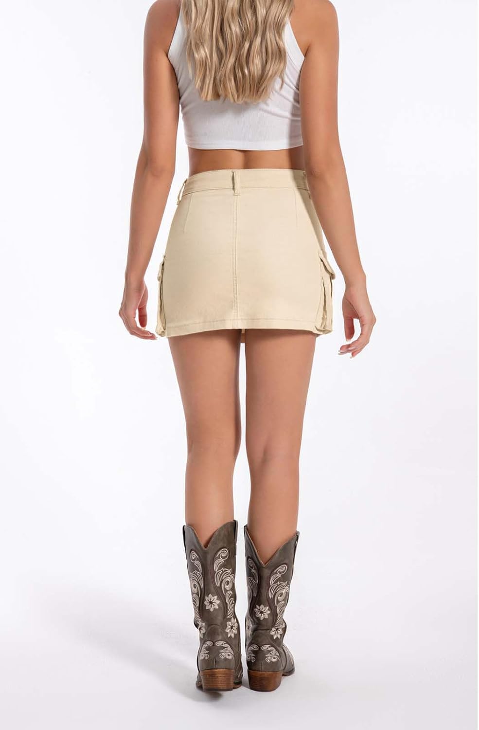 Women's Mini Cargo Denim Skirt, Low Rise Cargo Skirt Button Bodycon Jean Skirt with Pockets