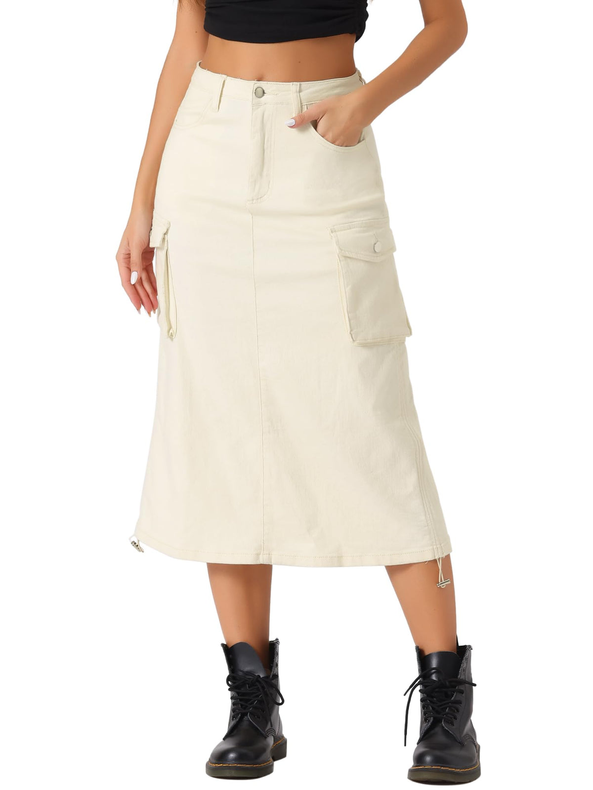 Allegra K Women's Cargo Midi Denim Skirt