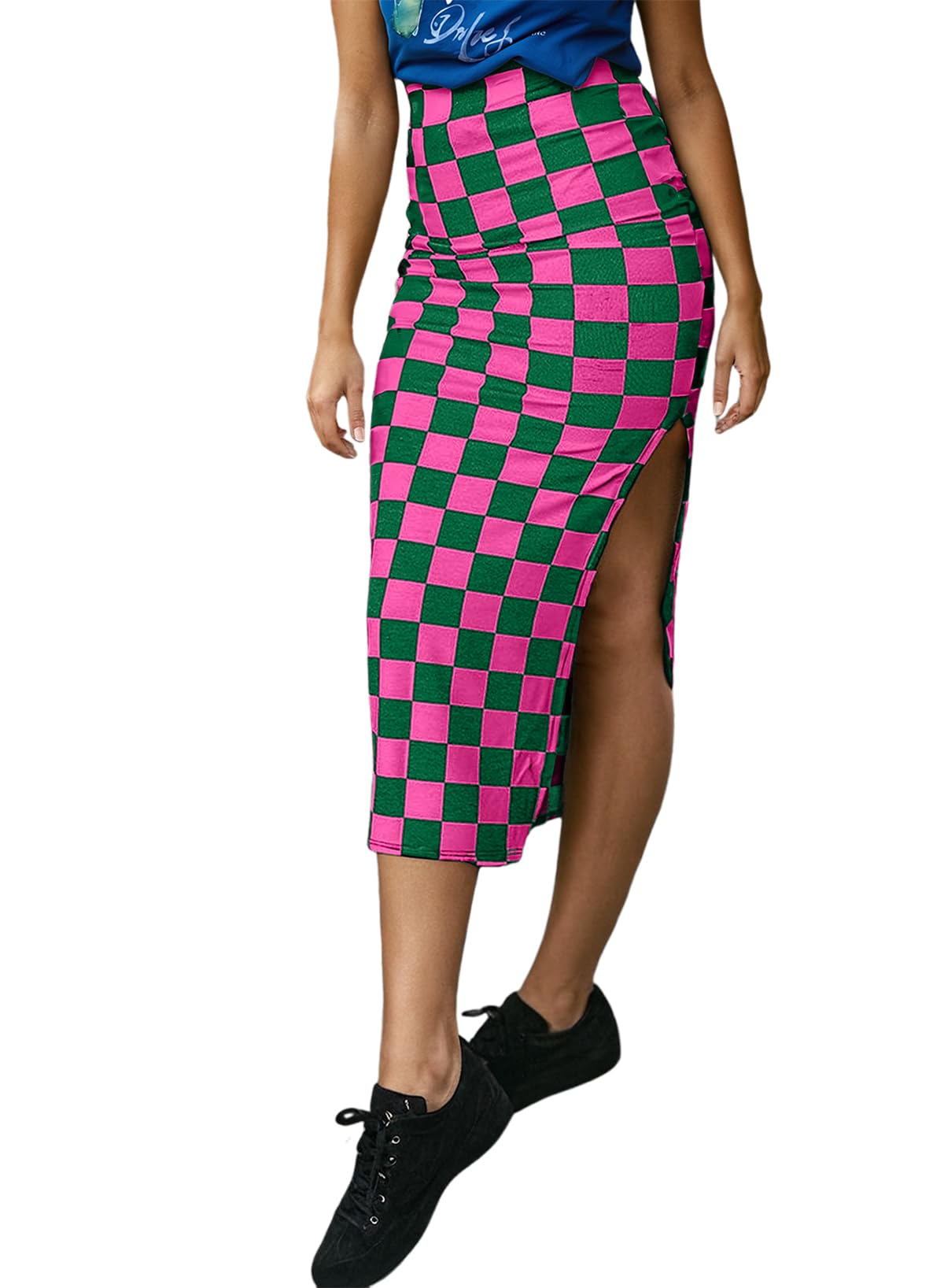 EARKOHA Womens Checkered Slit Midi Skirt Summer Fall Bodycon Long Skirts