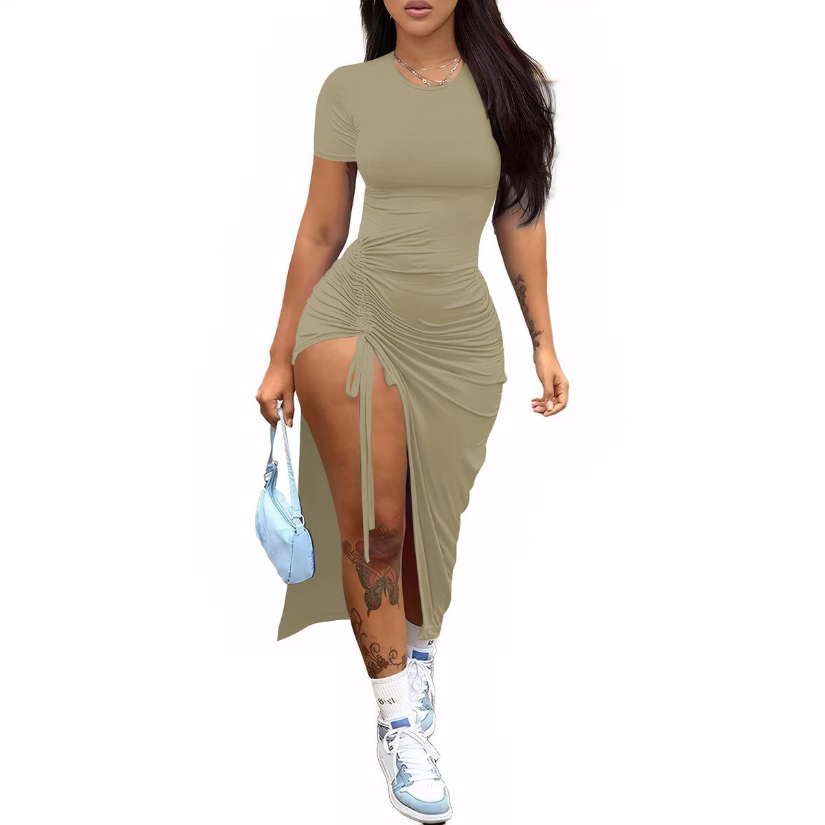 Nimsruc Women Sexy Summer Bodycon Dresses Short Sleeve Slit Maxi Club Dress