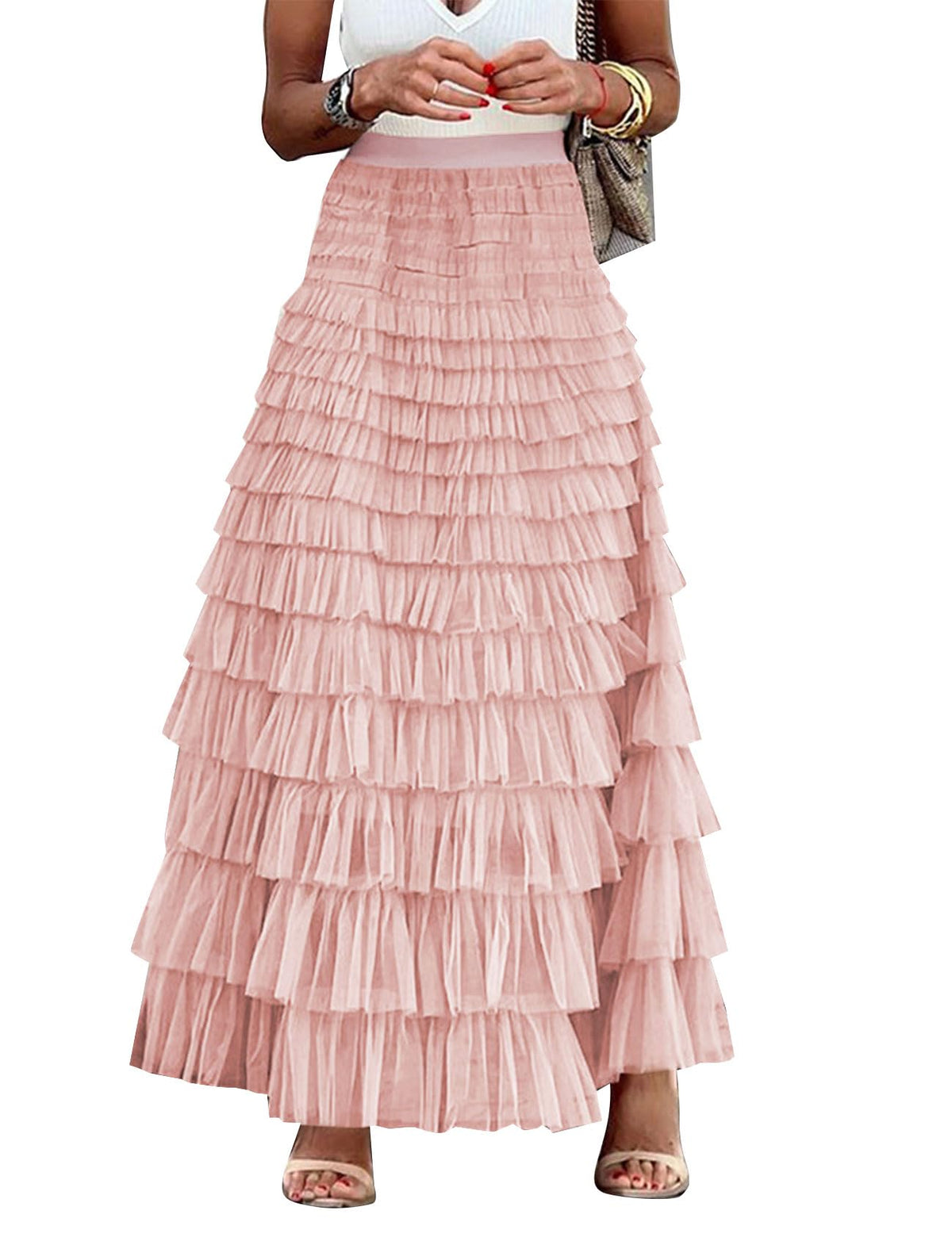 Flygo Women Long Maxi Tiered Tulle Skirts A Line Ruffle Layered Fairy Skirt