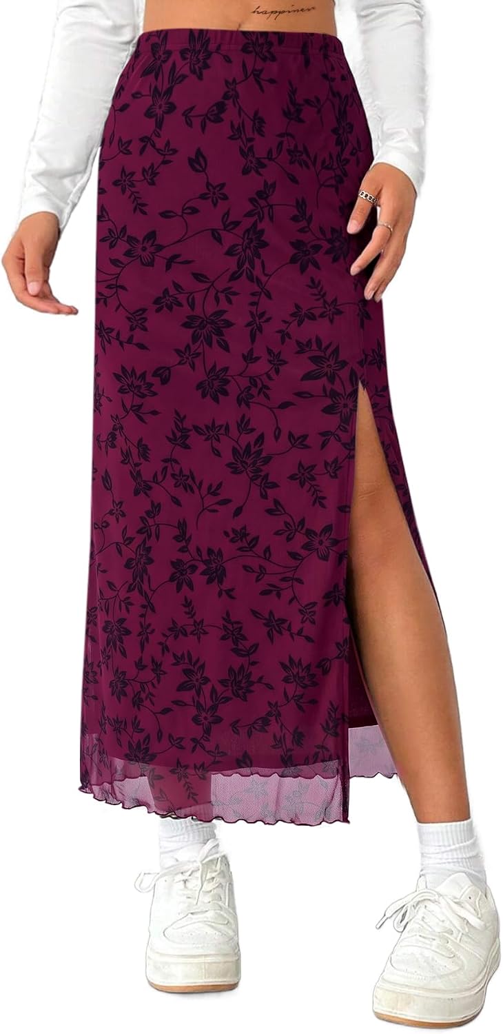 Avanova Women's Mesh Slit Split Long Skirts High Waisted Sexy Summer Maxi Skirts