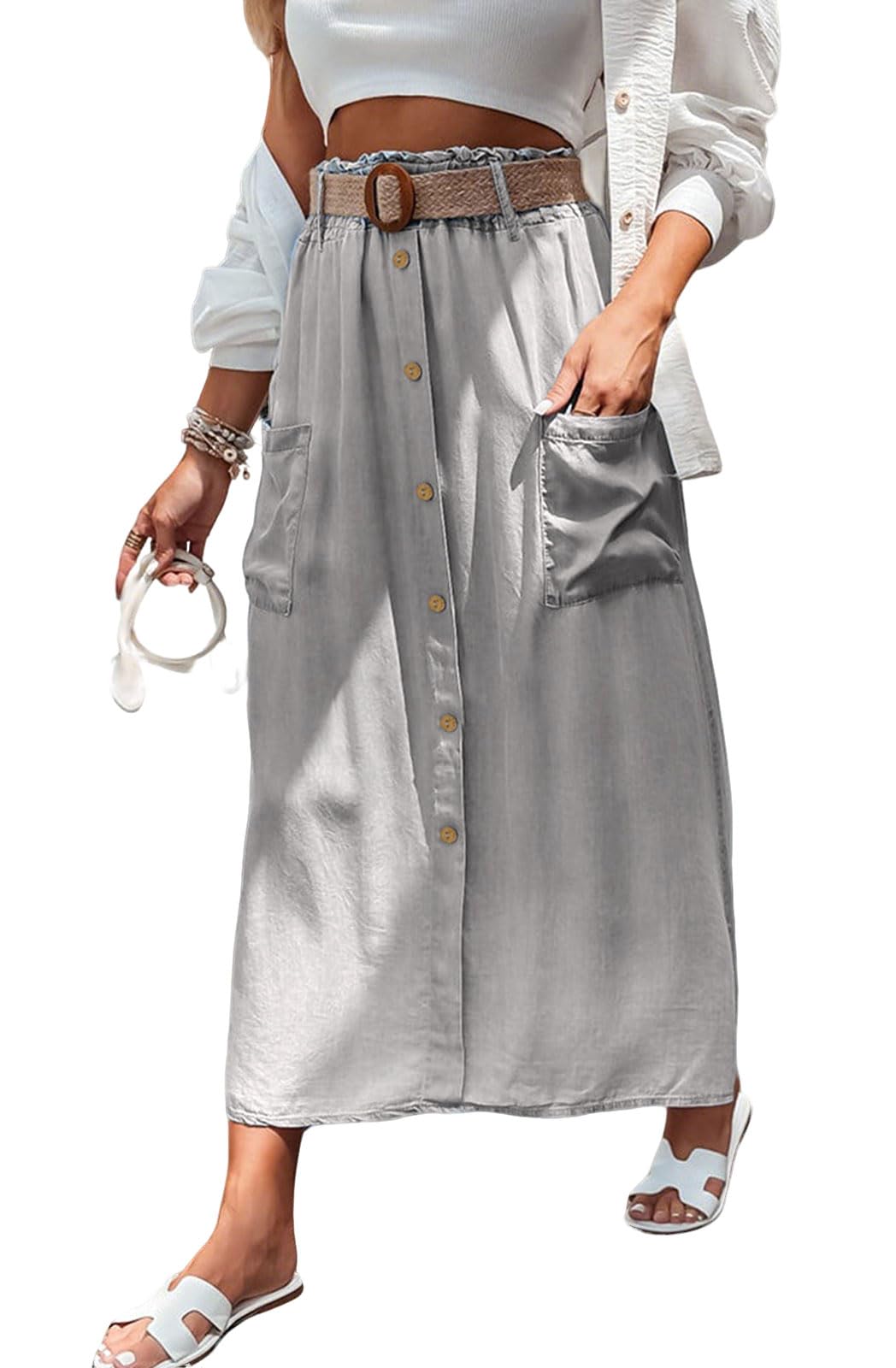 loveimgs Women Summer Elastic Waist Flowy Tencel Denim Maxi Skirt A Line Button Ruffle Cargo Long Jean Skirt Boho Lightweight