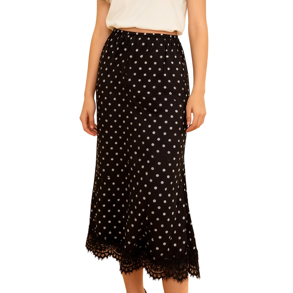 Women's Satin Skirt High Waisted Side Split Asymmetric Lace Patchwork Midi Skirt Bodycon Long Skirts Trendy