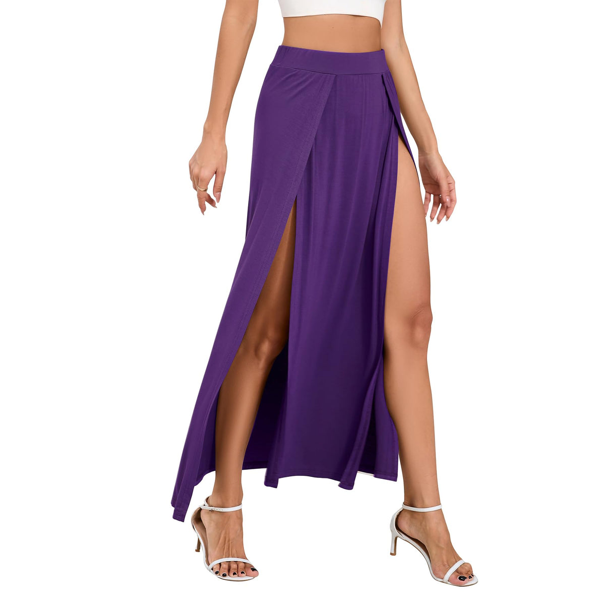 Zando Women's Sexy Double High Slit Maxi Skirt with High Elastic Waist