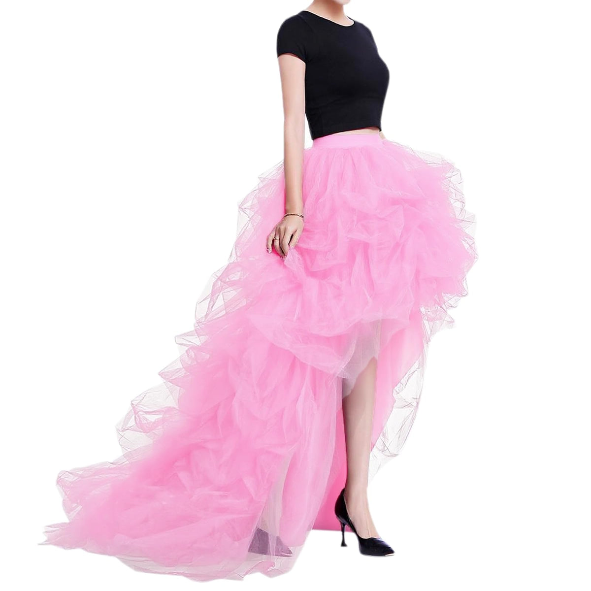 WDPL Women’s High Low Ruffled Tulle Skirt, Long Back Hem for Party Evening