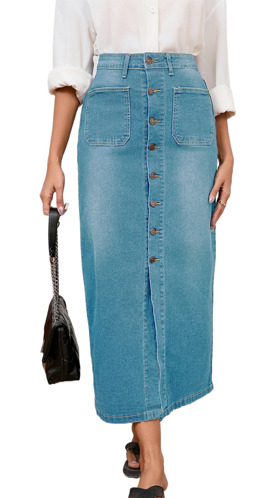 CaniBtr Women's Casual Slit Denim Midi Jean Skirt Stretch with Pockets