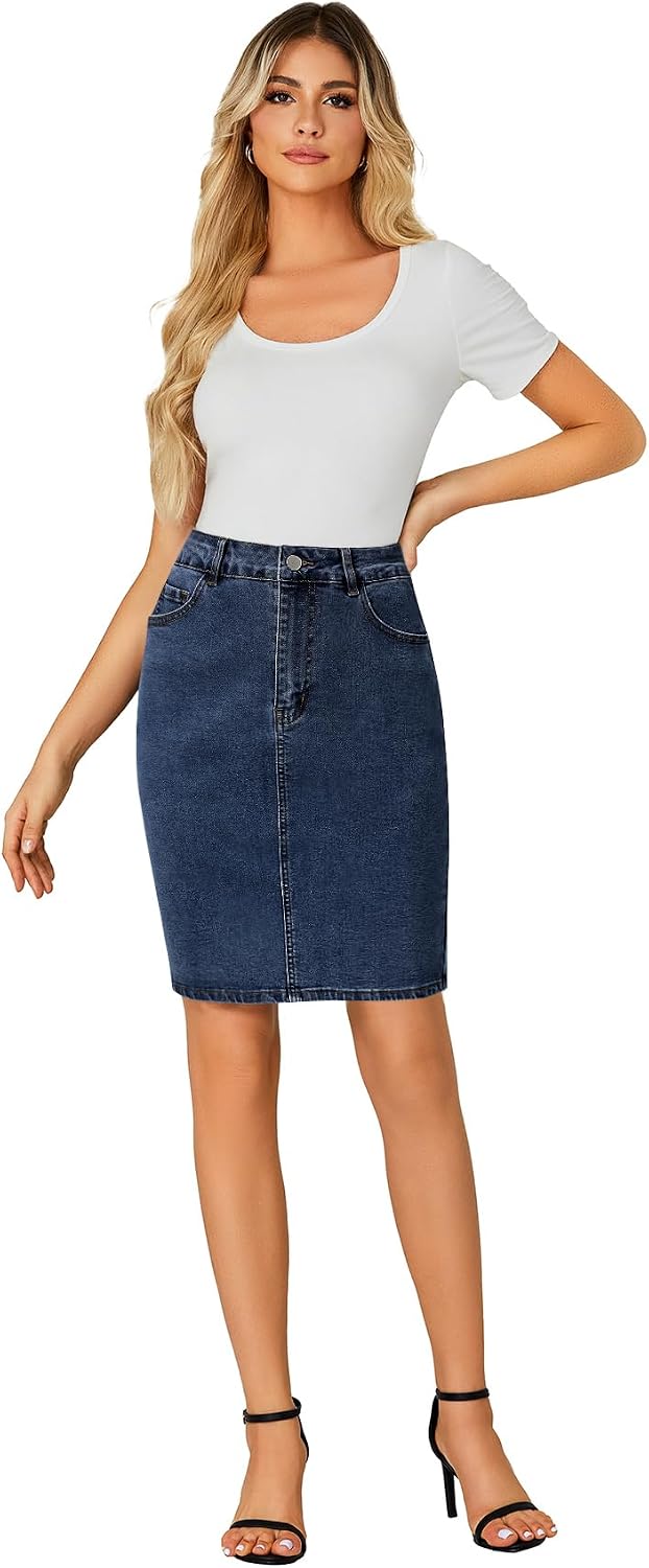 LYANER Women's Stretch High Waist Denim Skirt