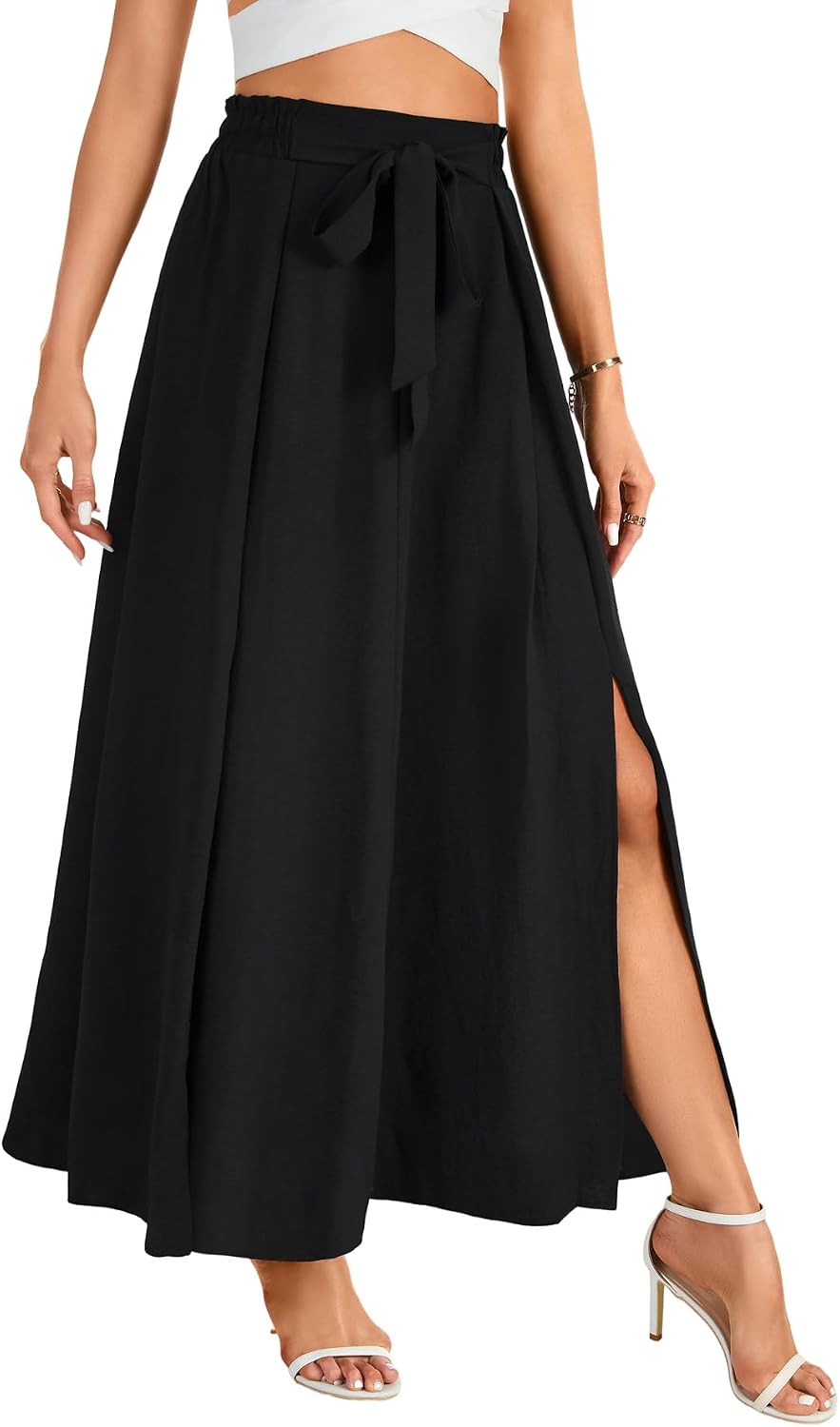 LYANER Women's Tie Front Pleated A Line Skirt High Waist Flowy Boho Maxi Dress with Slit Dressy Outfit