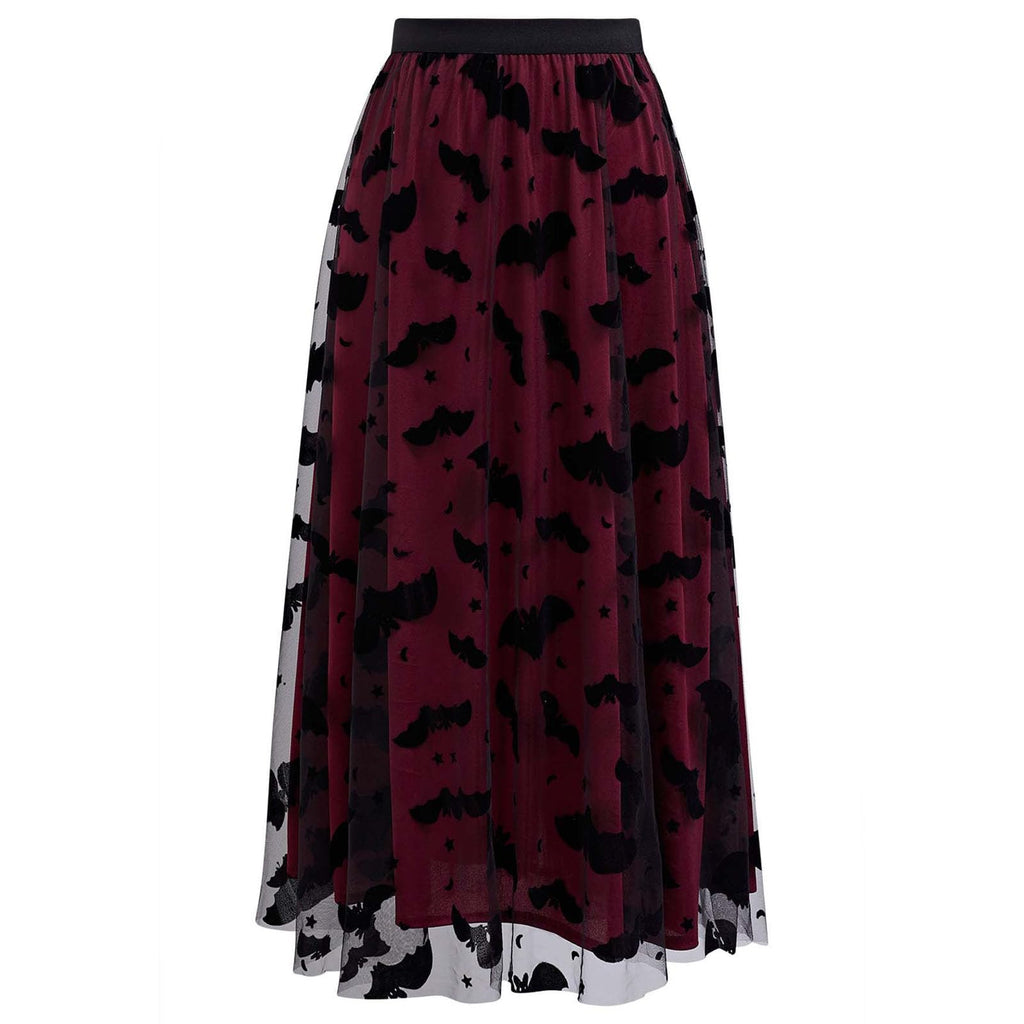 CHICWISH Women's Pumpkin Tulle Tutu Skirt Velvet Bats Elastic Waist Halloween Party Layered Mesh Midi Skirt Halloween Costume