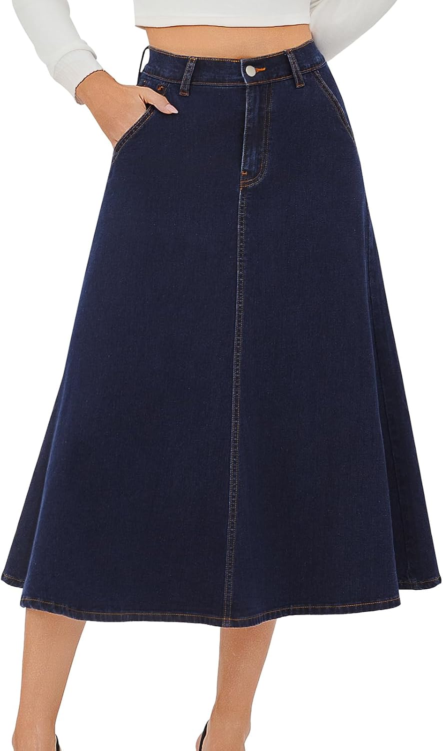 HUSKARY Women's Stretchy High Wasited A Line Long Maxi Jean Skirt Below Knee Length Flared Midi Denim Skirts with Pockets