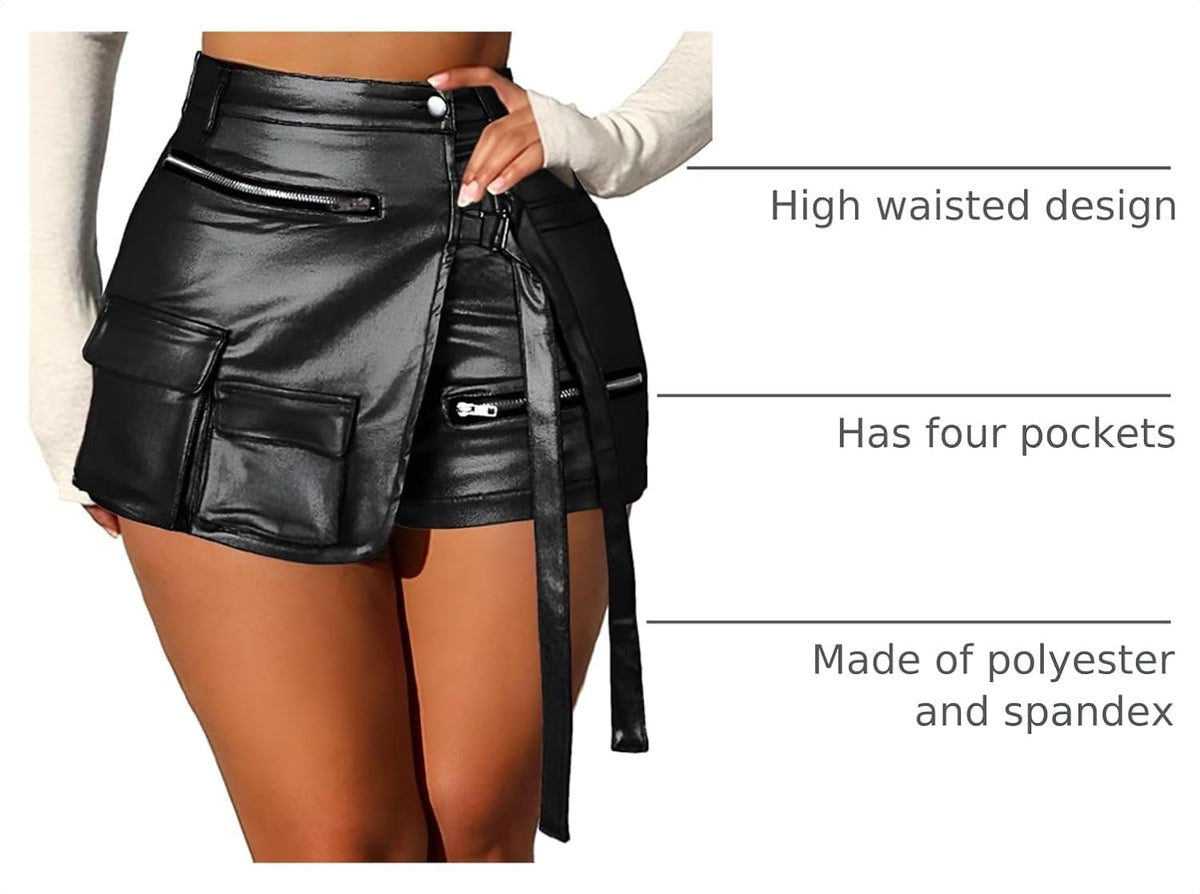 KANSOON Womens Faux Leather Shorts High Waisted Asymmetrical Cargo Skort