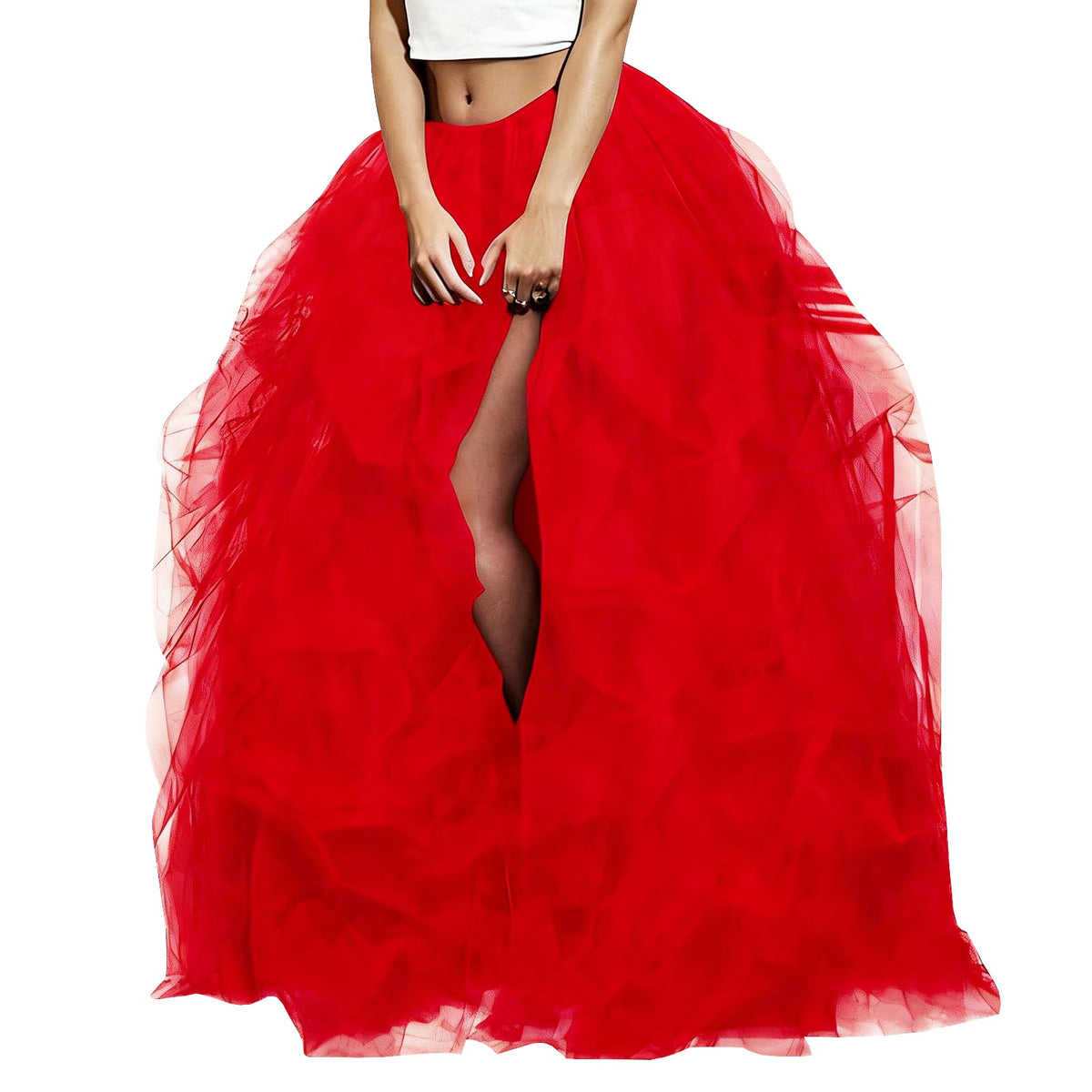 WDPL Women's Long Maxi Slit Tulle Special Occasion Bustle Night Out Skirt