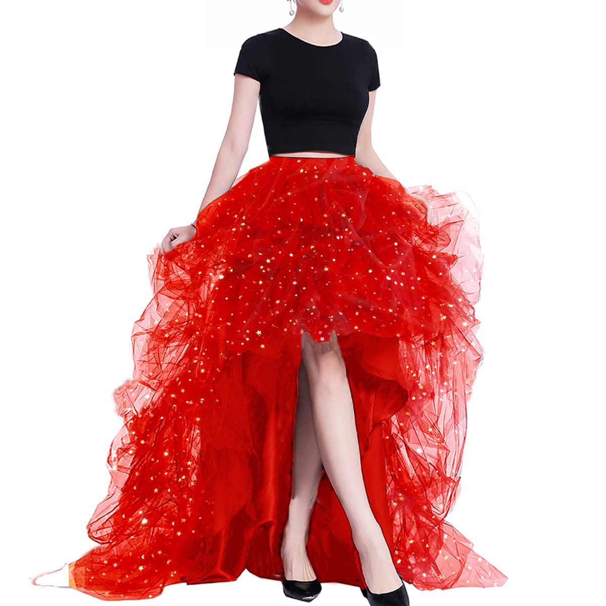 Lisong Women High Waist High Low Layered Tulle Floor Length Spectial Occasion Skirt