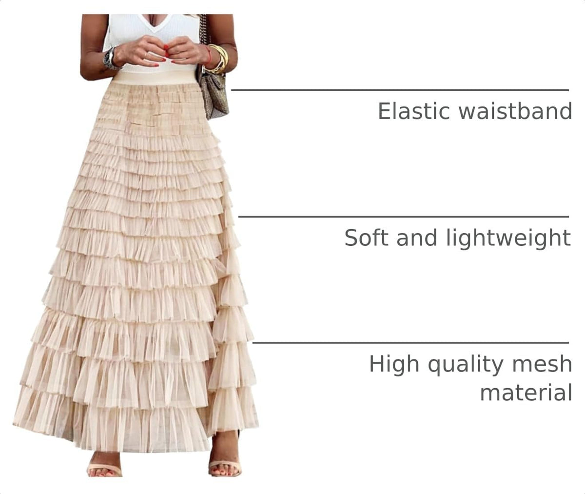 Flygo Women Long Maxi Tiered Tulle Skirts A Line Ruffle Layered Fairy Skirt