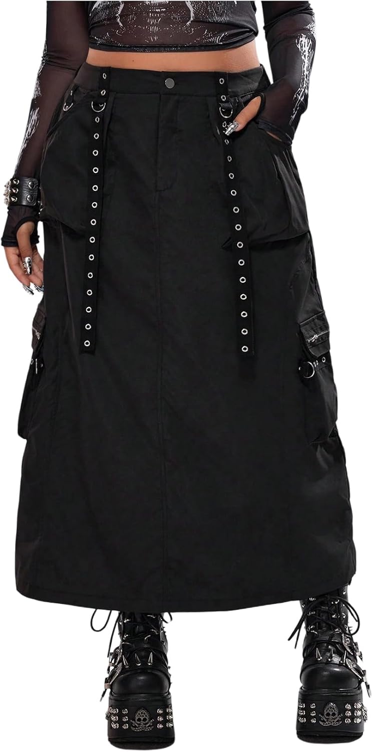 MakeMeChic Women's Plus Size Cargo Skirt Long Punk Goth Rave Streetwear