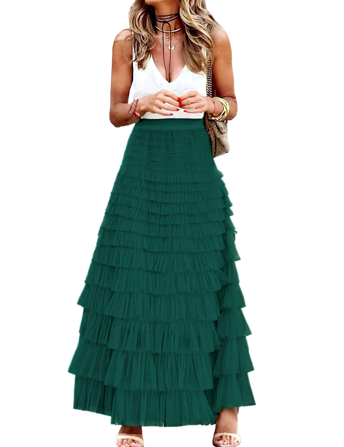 Womens Long Maxi Tulle Skirt A Line Ruffle Mesh High Waisted Tiered Layered Skirts Petticoat