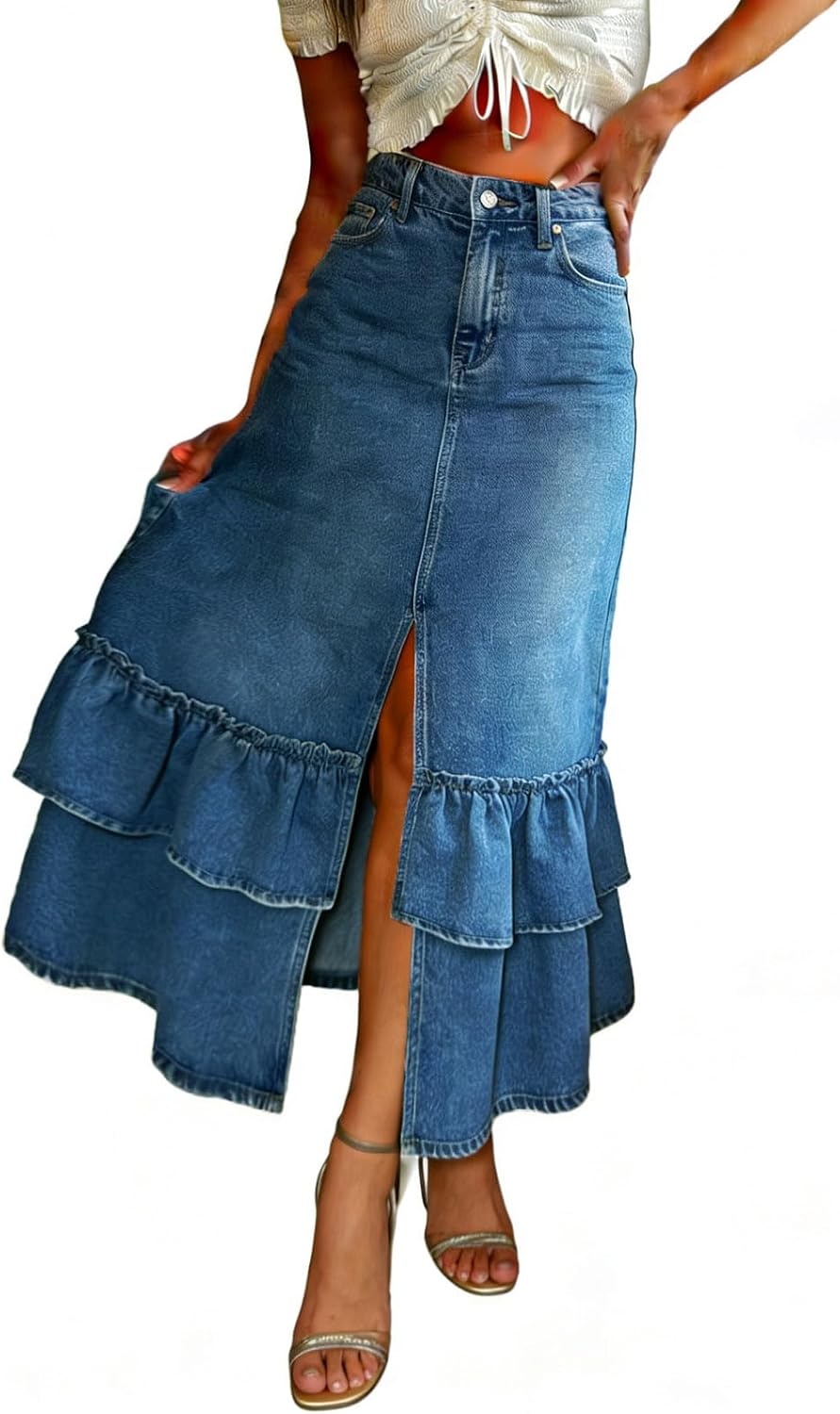 utcoco Women's High Waist Long Denim Skirt Sexy Slit Tiered Ruffle Swing A-Line Jean Maxi Skirt with Pockets