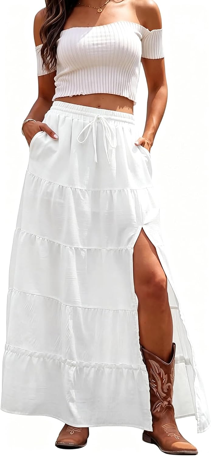 Bsubseach Women Boho Maxi Skirt High Slit Long Flowy Skirt with Pockets