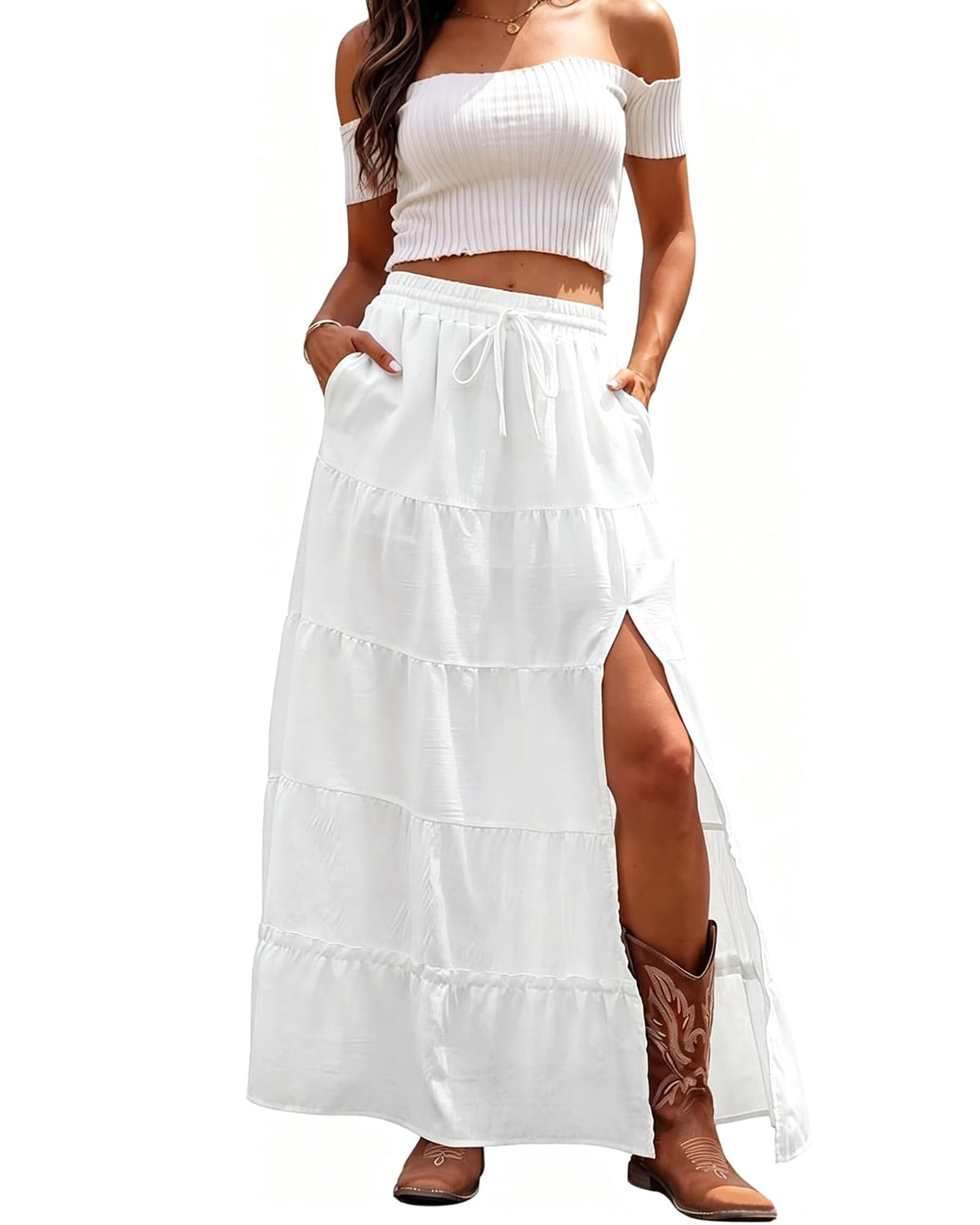 Bsubseach Women Boho Maxi Skirt High Slit Long Flowy Skirt with Pockets