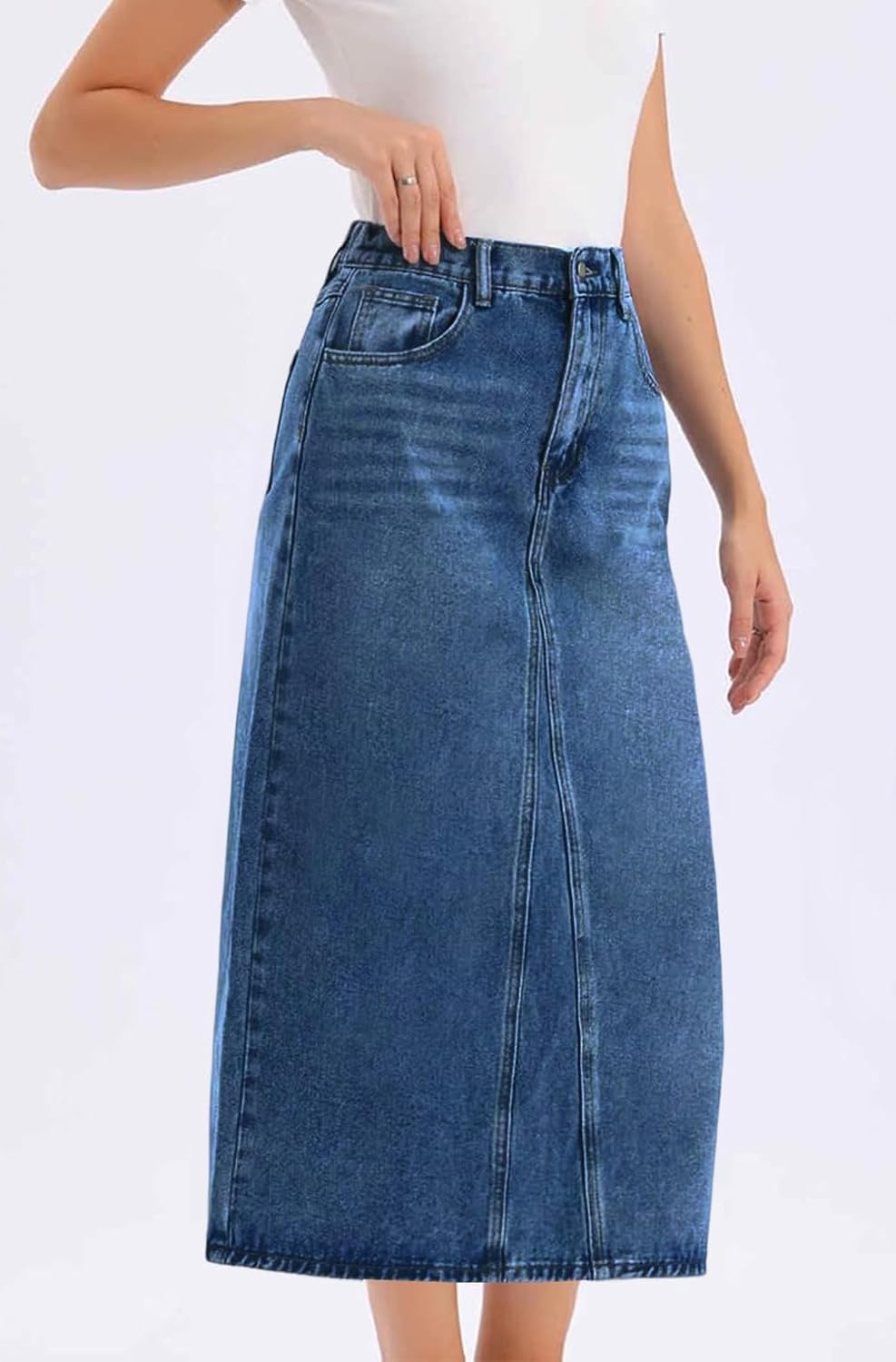 ebossy Women's Vintage Denim Skirt High Waist A Line Back Slit Mid Long Wash Jean Skirt with Pockets