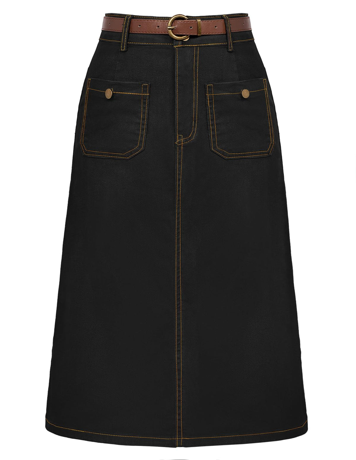 Belle Poque Denim Skirt with Belt Below Knee Length High Waisted Jean Skirts for Women