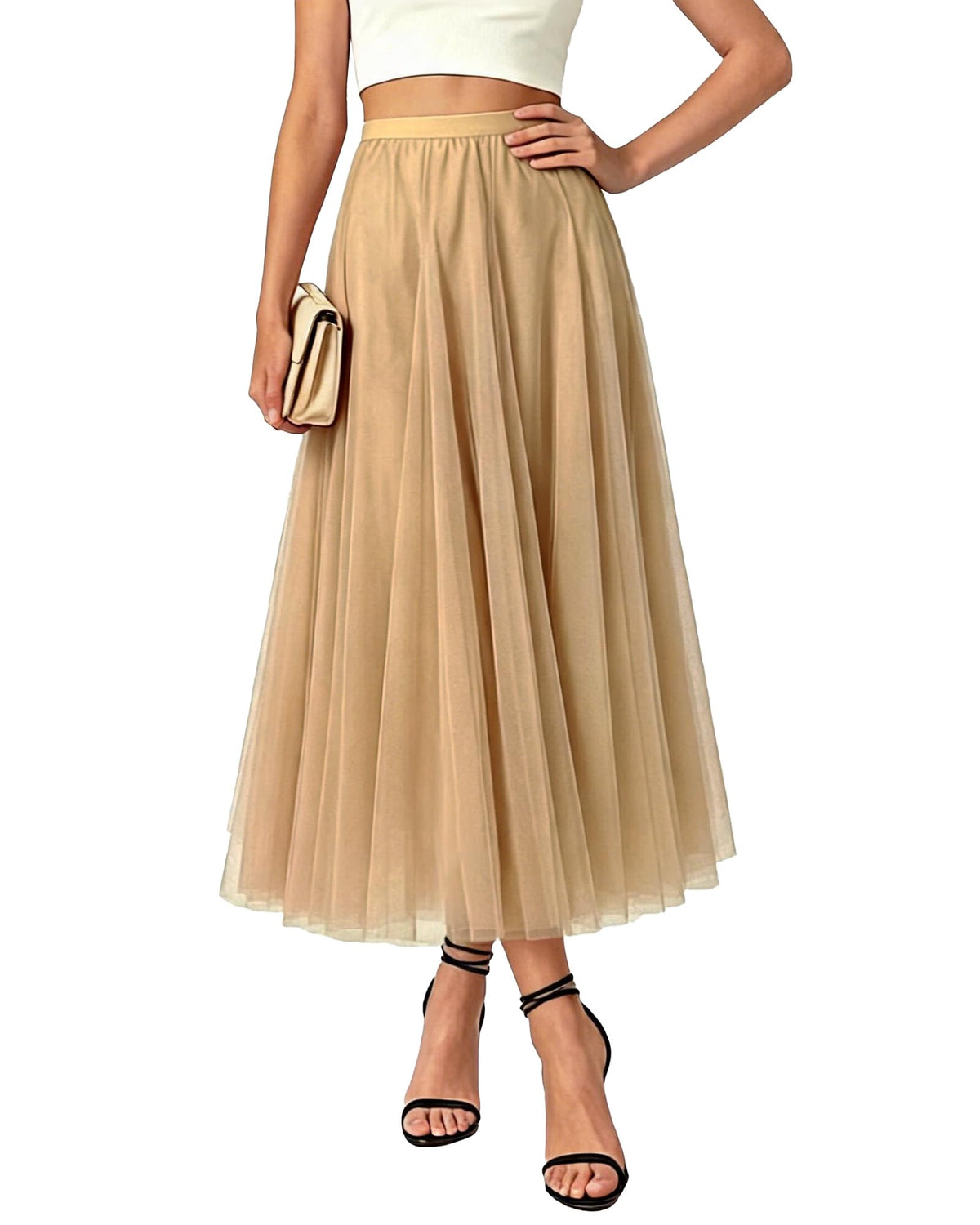 Betusline Women's Maxi Tulle Tutu Skirt A Line High Waisted Flowy Skirts