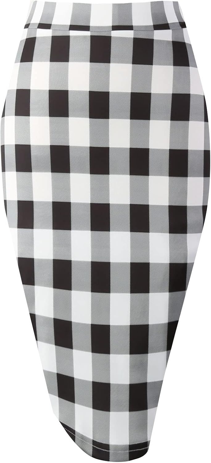 Topdress Women's Bodycon Pencil Skirts Basic Elastic High Waisted Stretch Short Skirt Knee Lenght with Slit