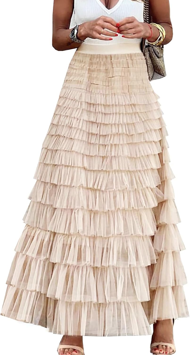 Flygo Women Long Maxi Tiered Tulle Skirts A Line Ruffle Layered Fairy Skirt