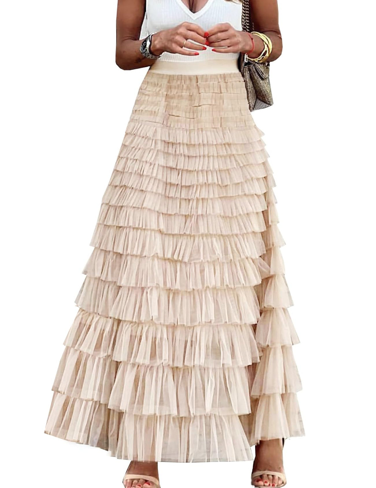 Flygo Women Long Maxi Tiered Tulle Skirts A Line Ruffle Layered Fairy Skirt