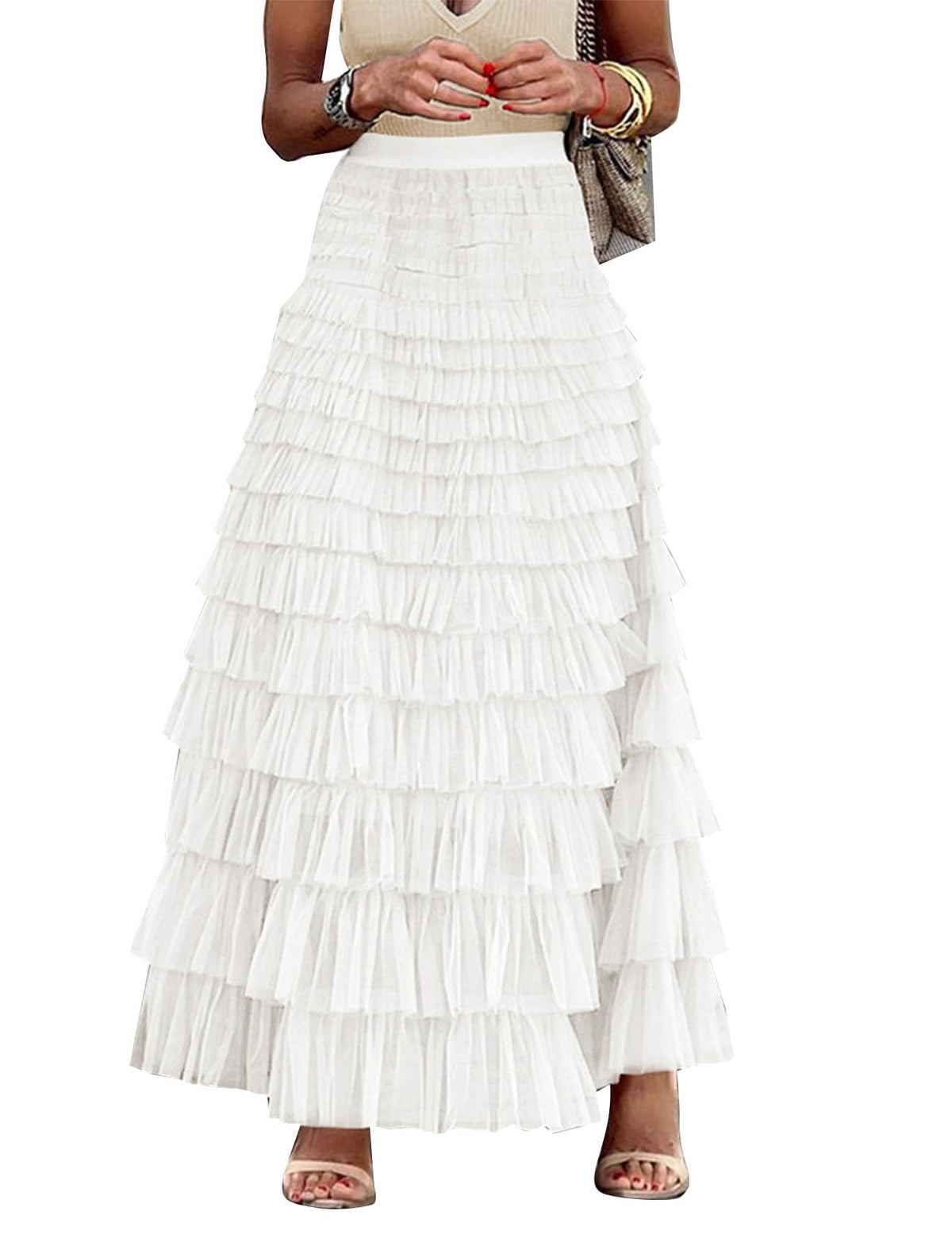 Flygo Women Long Maxi Tiered Tulle Skirts A Line Ruffle Layered Fairy Skirt