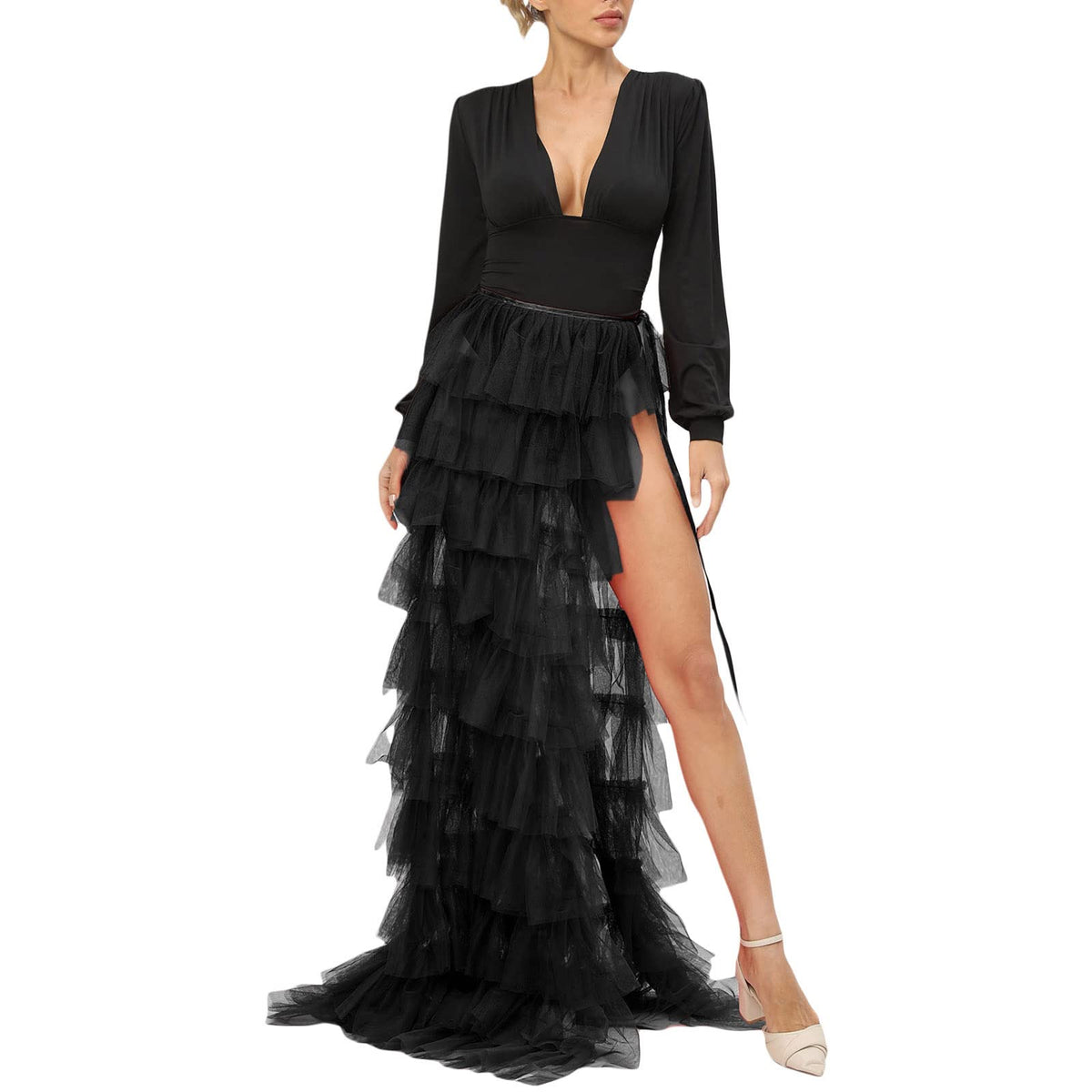 Women Y2k High Low Tulle Skirt Self-Tied Mesh Ruffle Layered See-Through Floor-Length Cocktail Prom Party Skirt