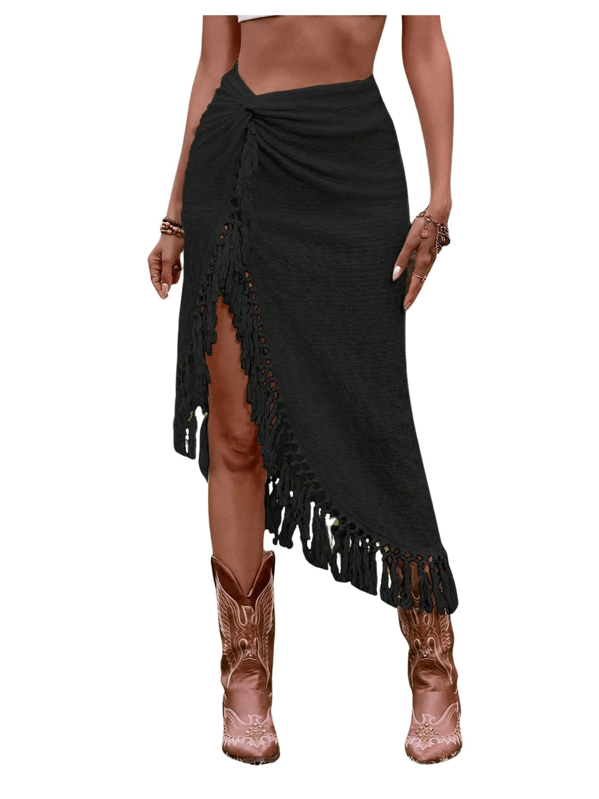 SHENHE Women's Twist Front Slit Boho Fringe Tassel Midi Skirt