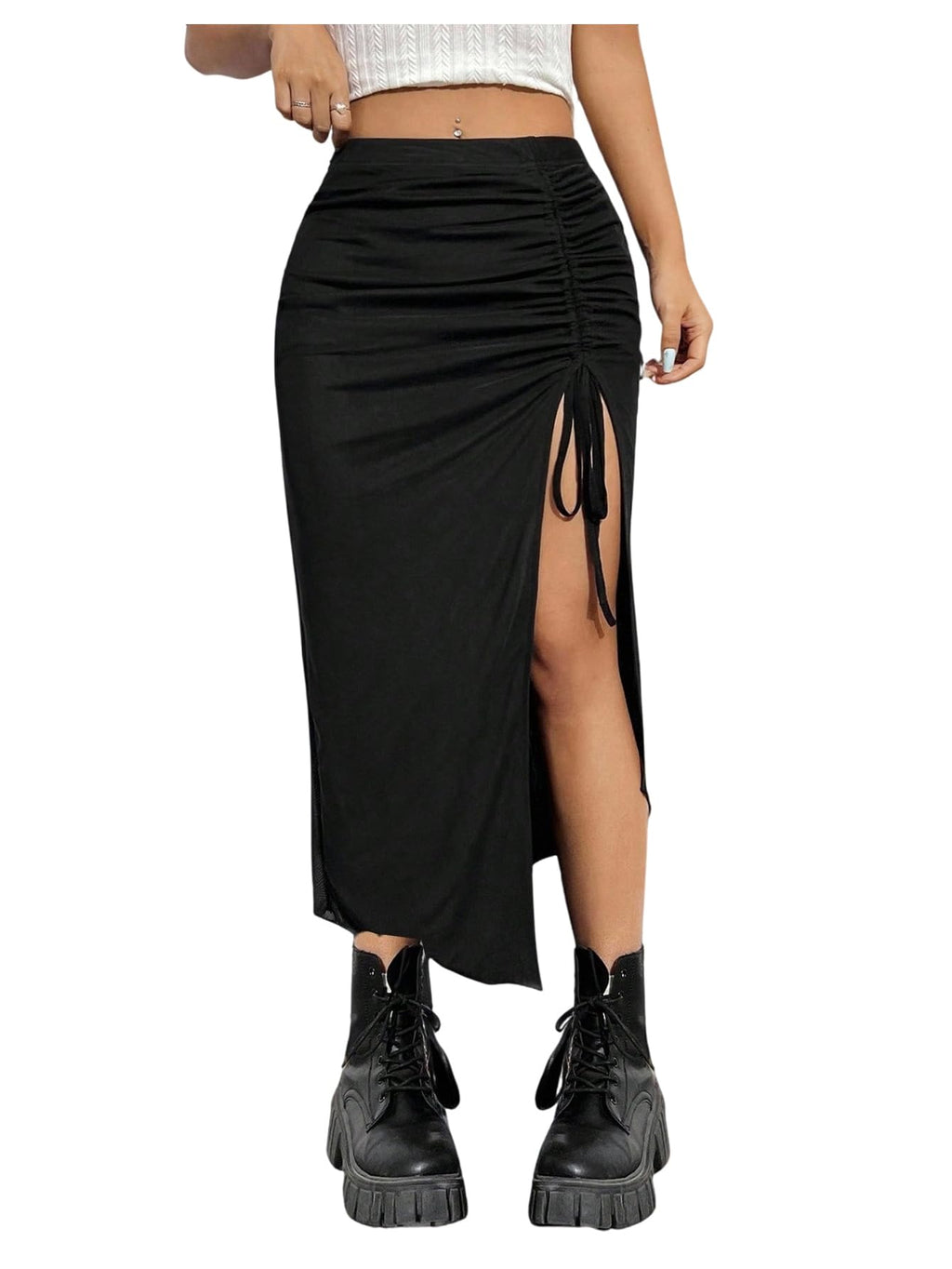 WDIRARA Women's Plus Size Checkered Split Midi High Waist Pencil Skirt
