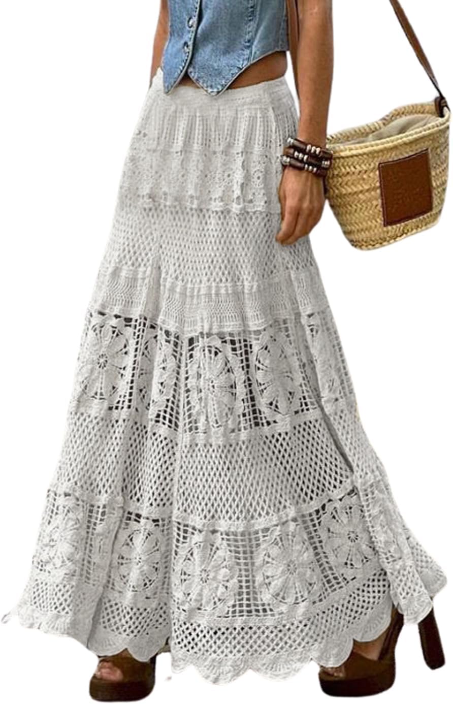 chouyatou Women's Western Floral Lace Crochet Knit Maxi Boho Skirt A-Line Eyelet Hippie Flowy Long Skirt