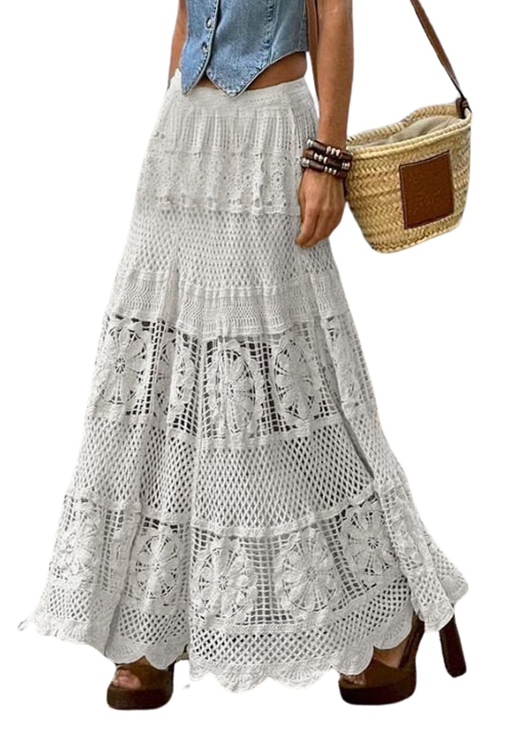 chouyatou Women's Western Floral Lace Crochet Knit Maxi Boho Skirt A-Line Eyelet Hippie Flowy Long Skirt
