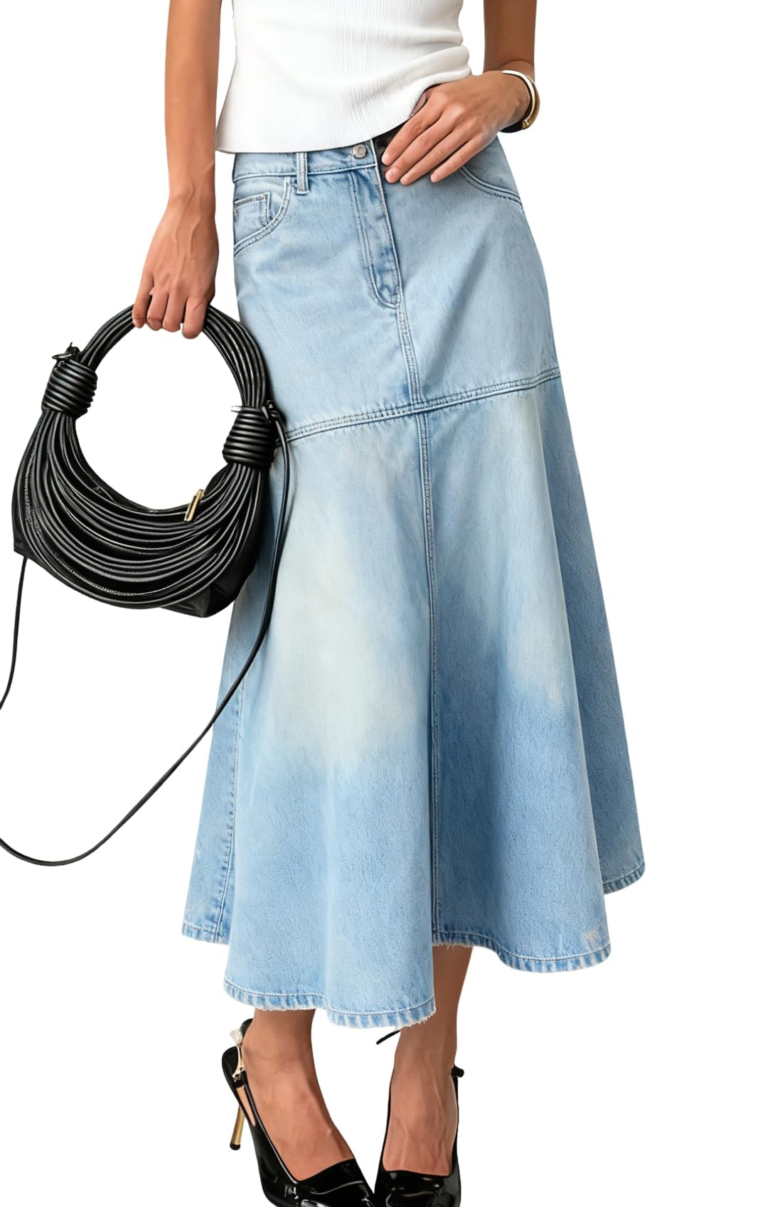 chouyatou Women's Elegant A-Line Pleated Jean Skirt Western Distressed Midi Long Fishtail Denim Skirt