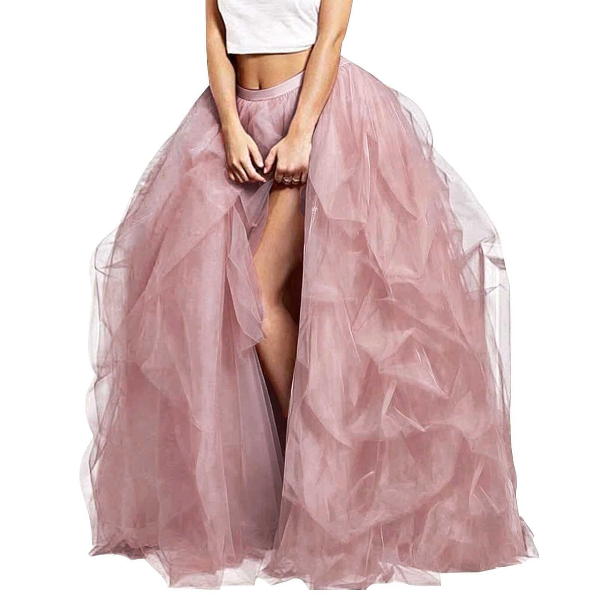 WDPL Women's Long Maxi Slit Tulle Special Occasion Bustle Night Out Skirt