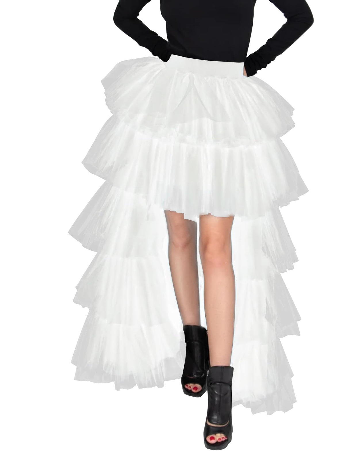 Women's High Low Tutu Skirts Sweet Elastic Waist Tulle Layered Ruffles Mesh Long Tiered Skirt