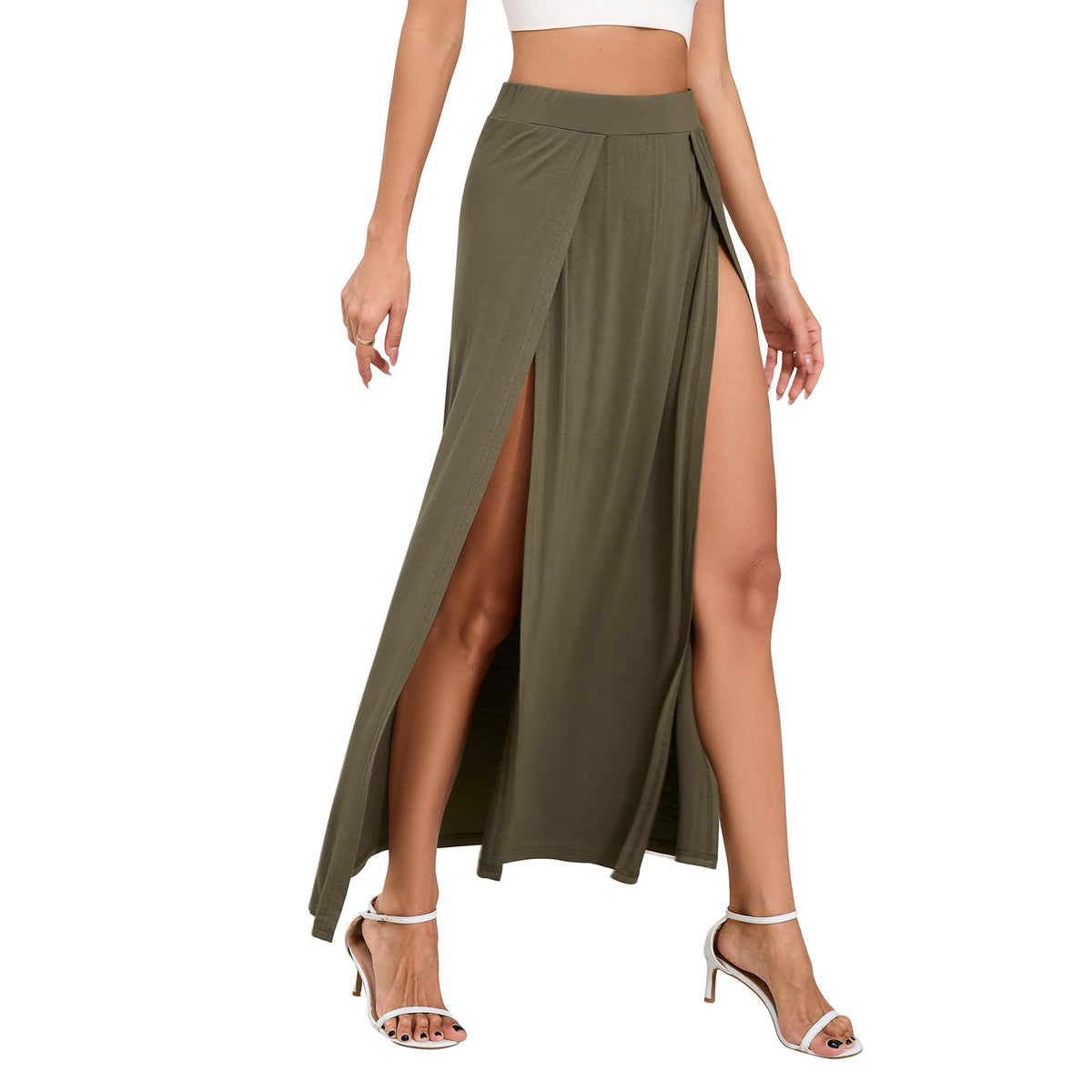 Zando Women's Sexy Double High Slit Maxi Skirt with High Elastic Waist